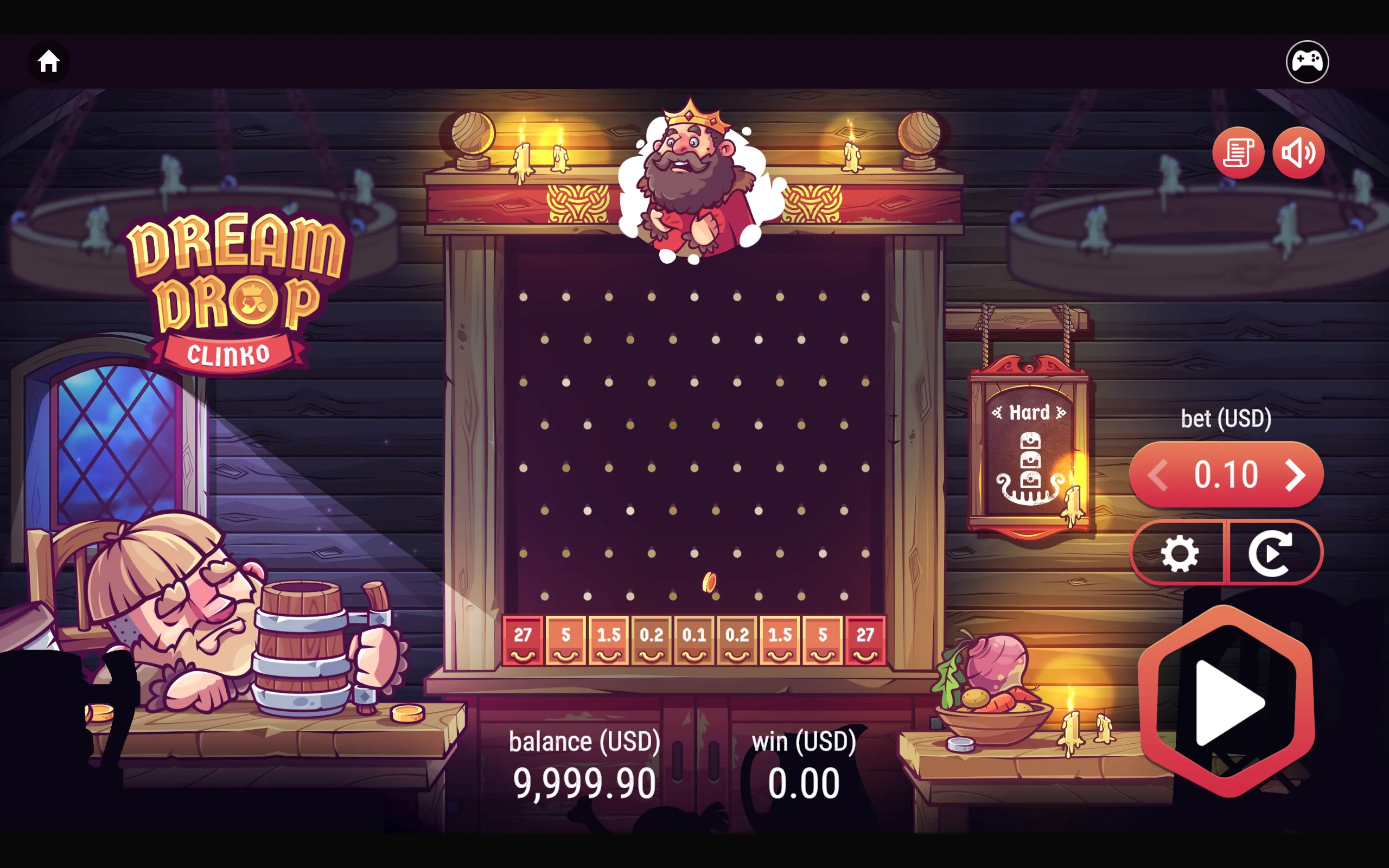 Dream Drop Clinko slot interface featuring a cartoon bearded king, a medieval tavern, and a central pegboard with bottom multipliers.