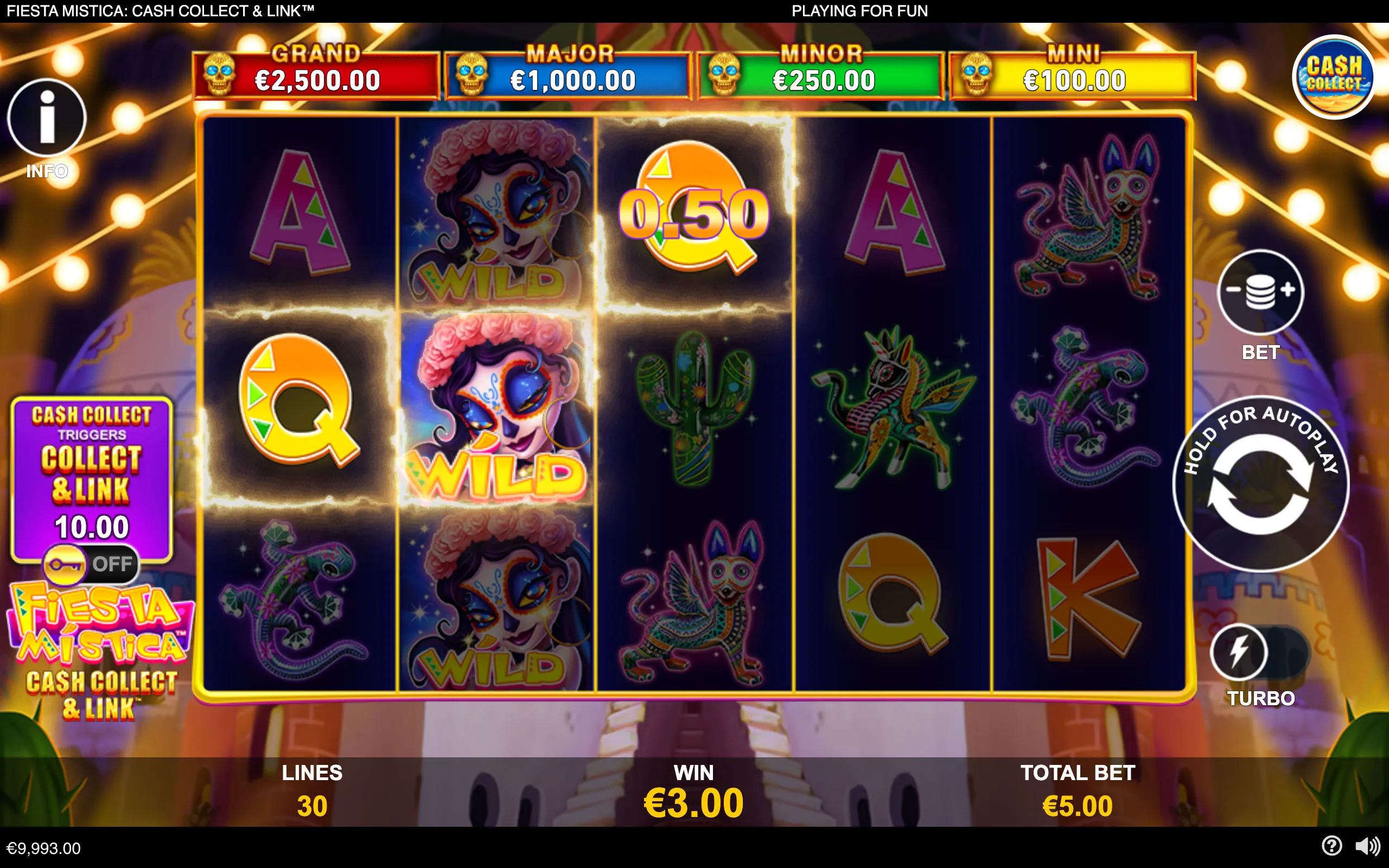 Fiesta-themed slot reels featuring a sugar-skull woman wild, colorful alebrije animals, Q symbols, a €0.50 cash symbol, Collect & Link branding, and Mini, Minor, Major, and Grand jackpot meters.
