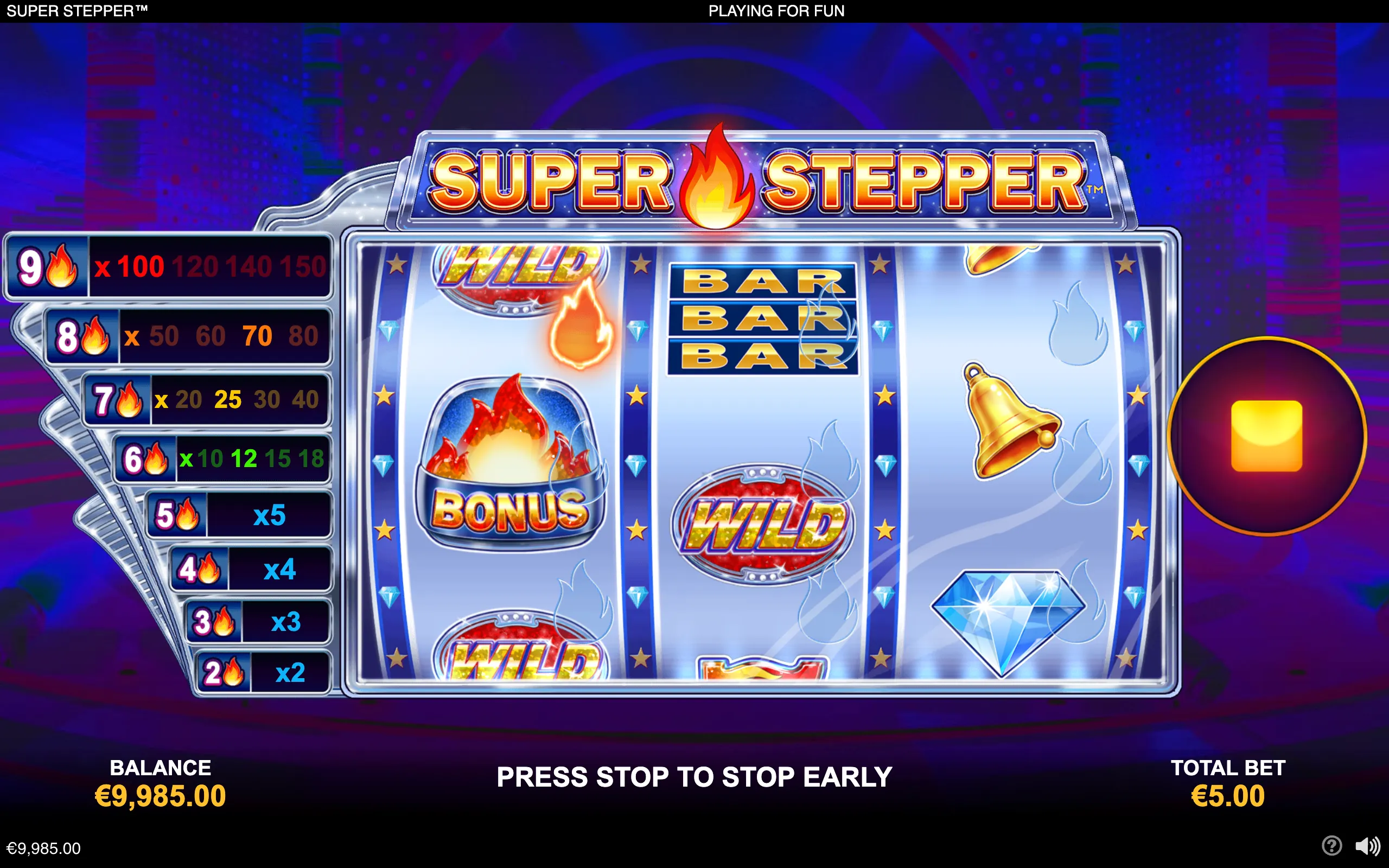 Super Stepper slot interface with glowing reels, BAR, WILD, BONUS, bell, and diamond symbols against a neon blue and purple arcade backdrop.