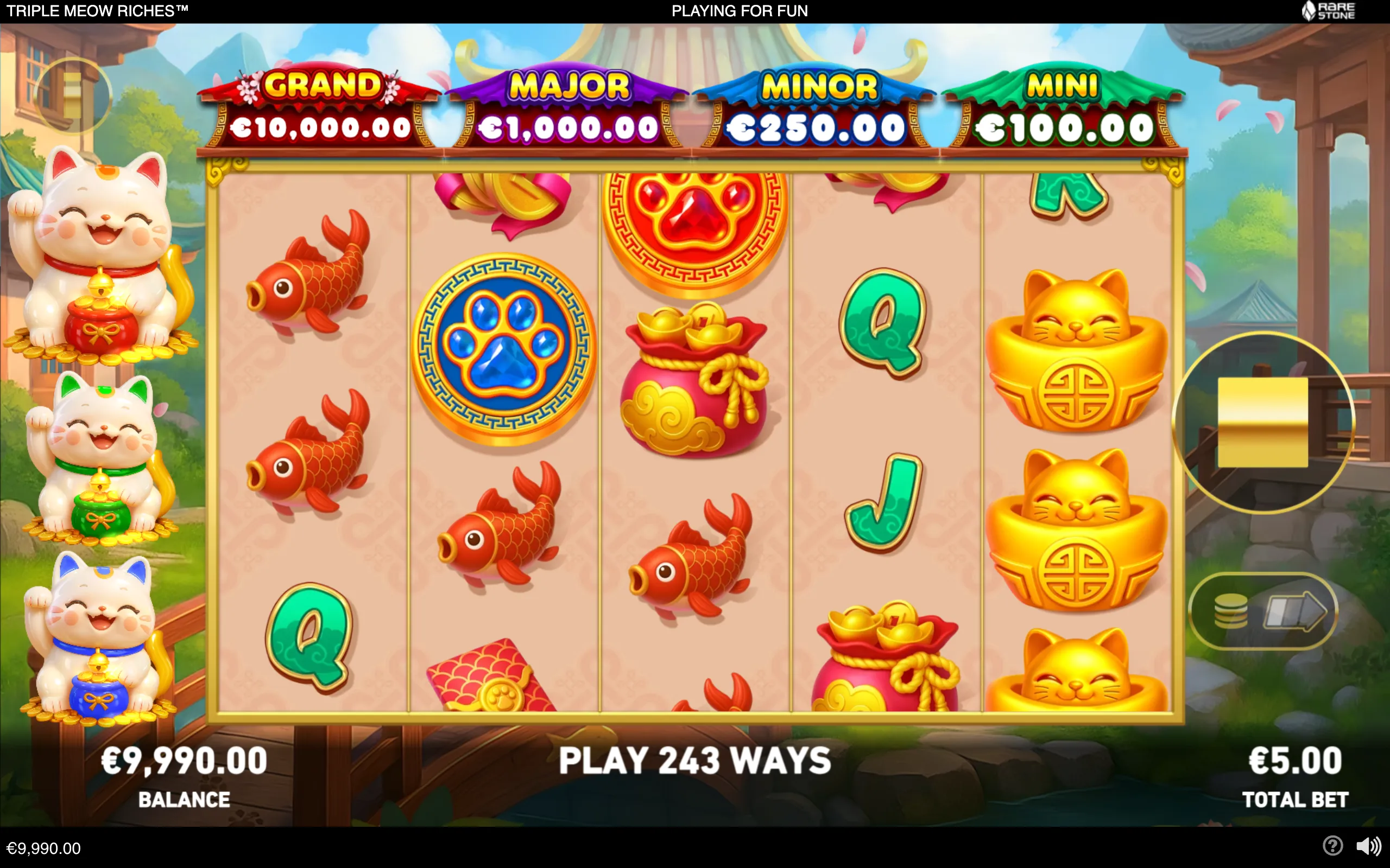 Colorful Triple Meow Riches slot reels featuring lucky cats, red koi fish, gold ingots, paw-print coins, money bags, card symbols, and jackpot tiers against a Chinese temple setting.