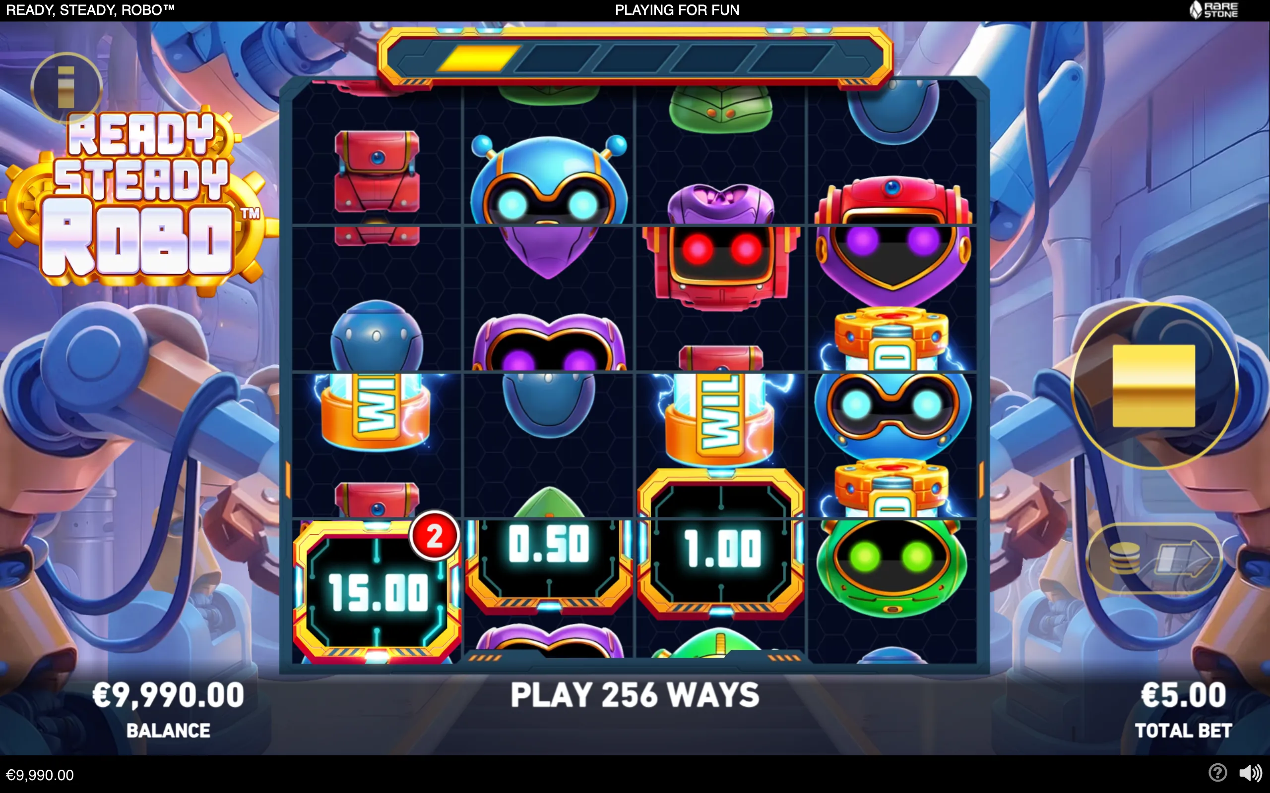 Ready, Steady, Robo slot interface with colorful cartoon robots, WILD symbols, numeric prize panels, and a 256-ways reel grid inside a futuristic laboratory.