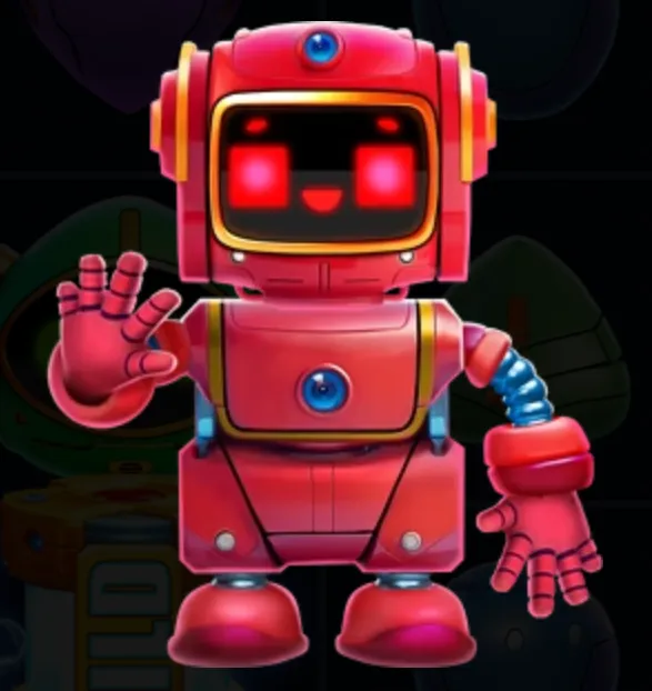 Friendly pink cartoon robot with glowing red eyes, rounded mechanical limbs, and blue joint details against a dark technological backdrop.
