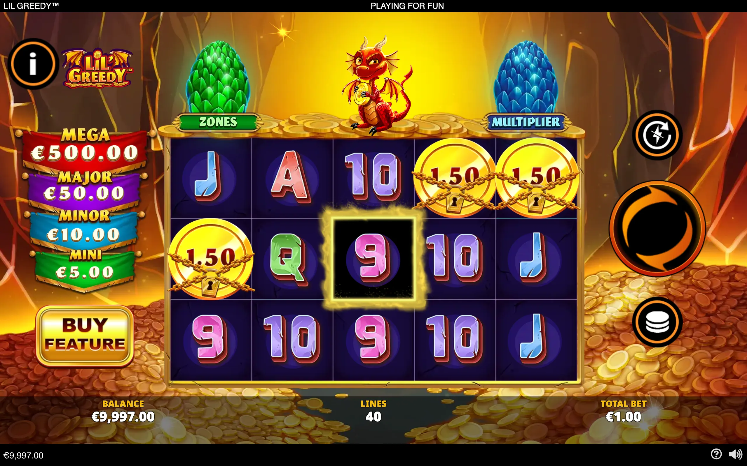 Lil' Greedy slot interface with a mischievous red dragon, treasure coins, colorful letter symbols, locked €1.50 coin symbols, jackpot tiers, and Zones and Multiplier labels.