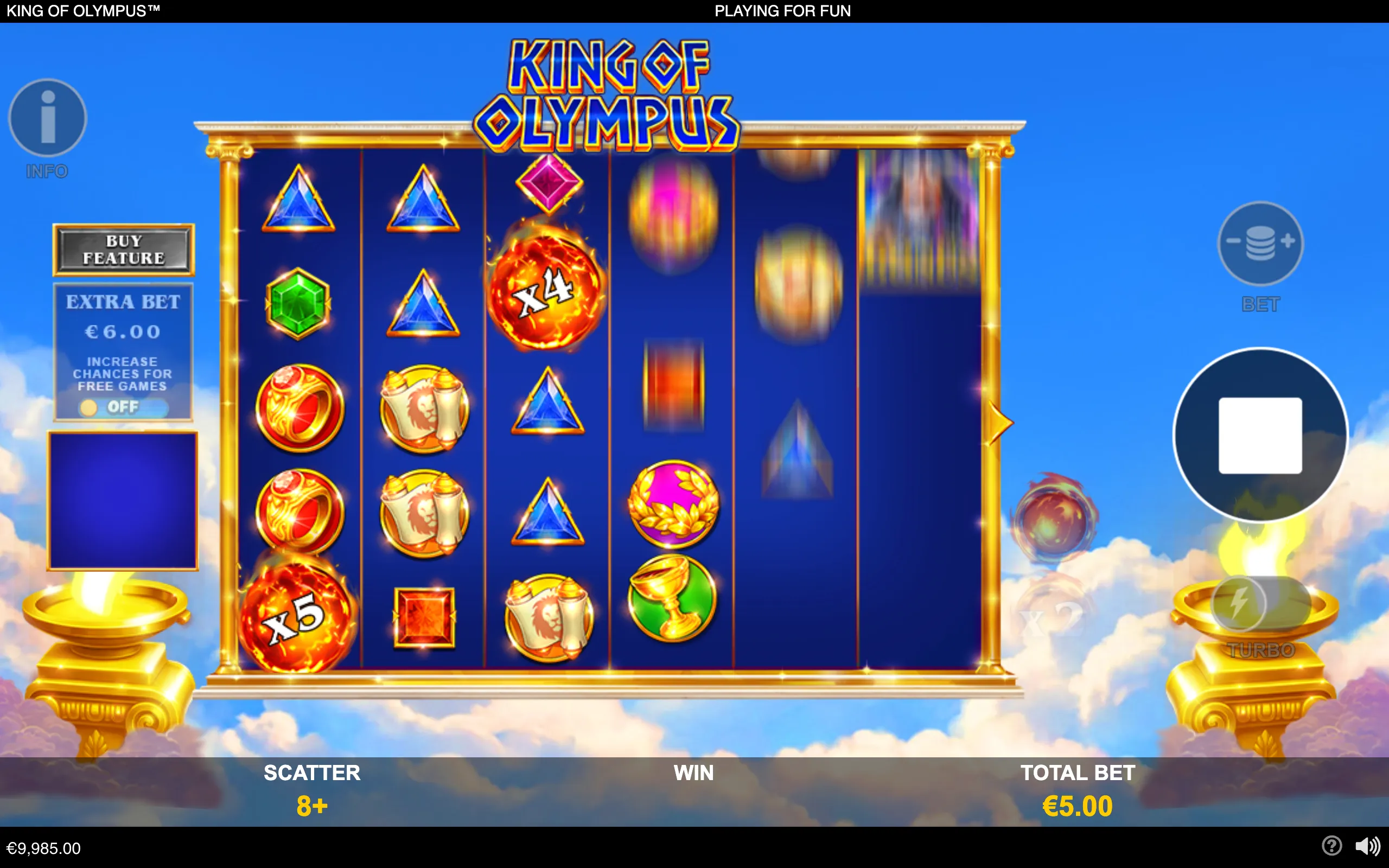 King of Olympus slot interface with gold-column reels, Greek-inspired symbols, fiery x4 and x5 multiplier orbs, and a cloud-filled blue sky backdrop.