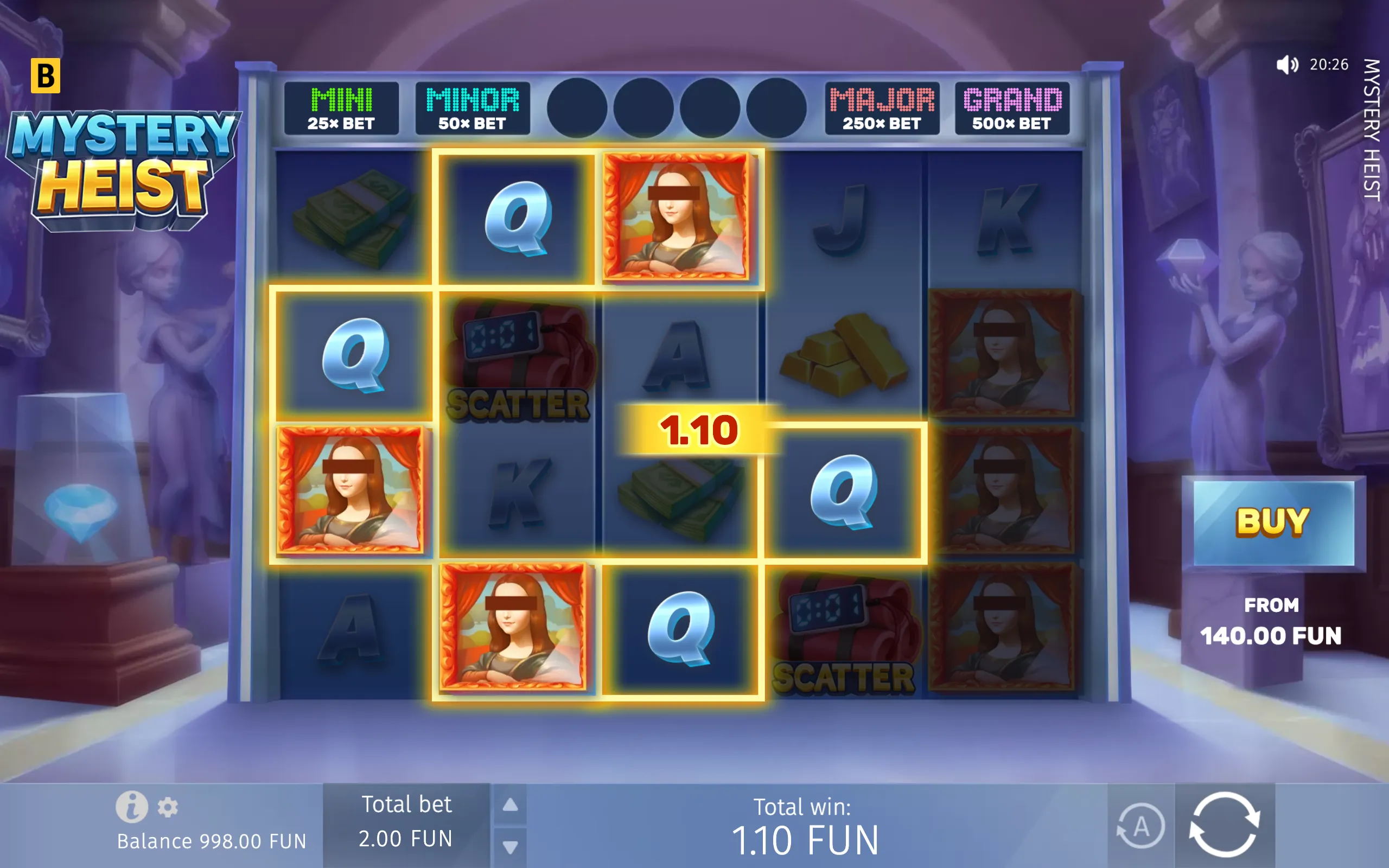 Mystery Heist slot interface with masked portrait symbols, cash, gold bars, a scatter symbol, highlighted winning tiles, and Mini through Grand jackpot tiers.