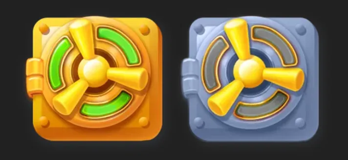 Two stylized combination-vault symbols from Mystery Heist, featuring gold and silver circular safe doors with segmented colored panels.