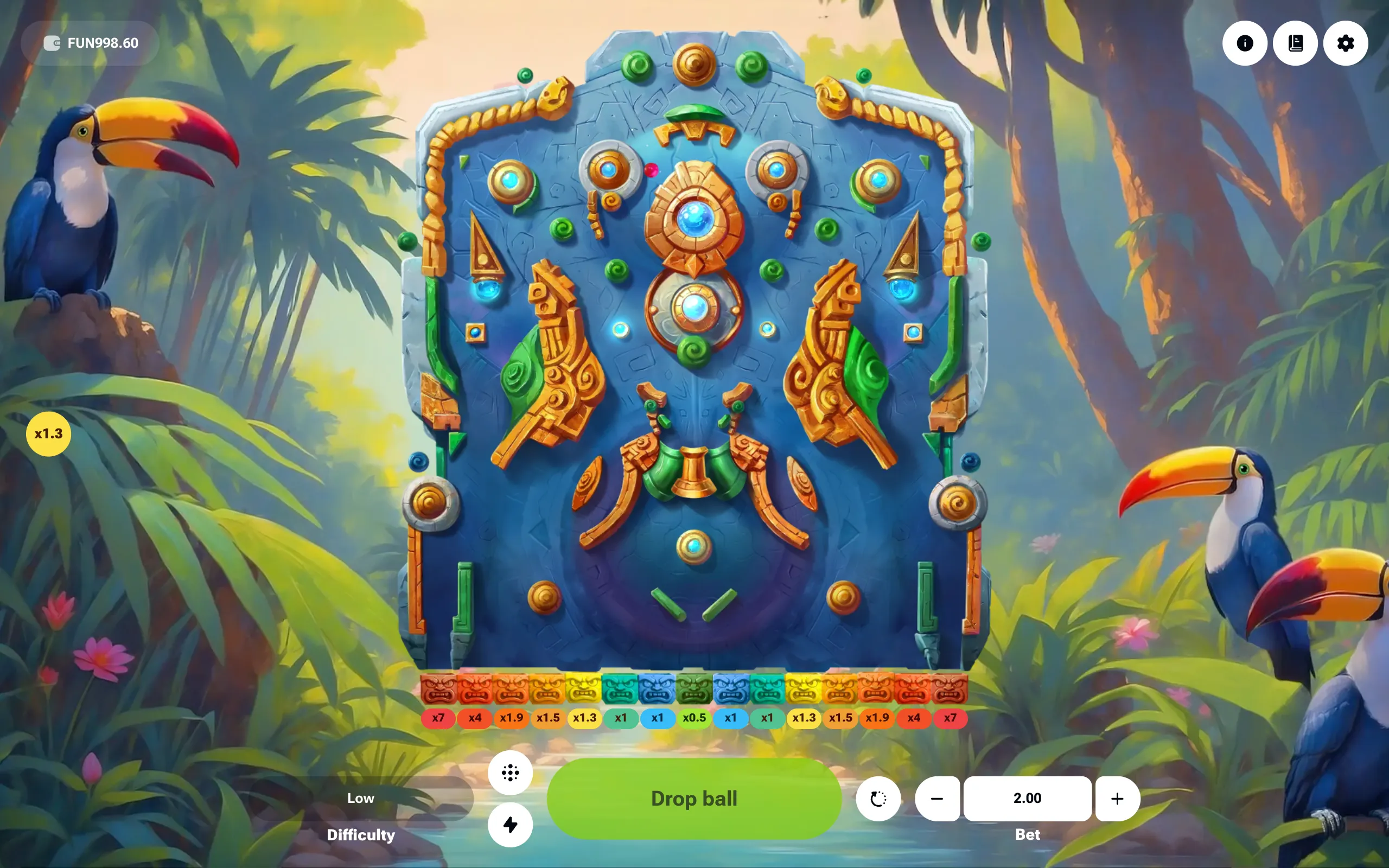 Colorful Magic Plinko game board with glowing pegs, carved wooden decorations, toucans, jungle foliage, and multiplier slots ranging from x0.5 to x7.