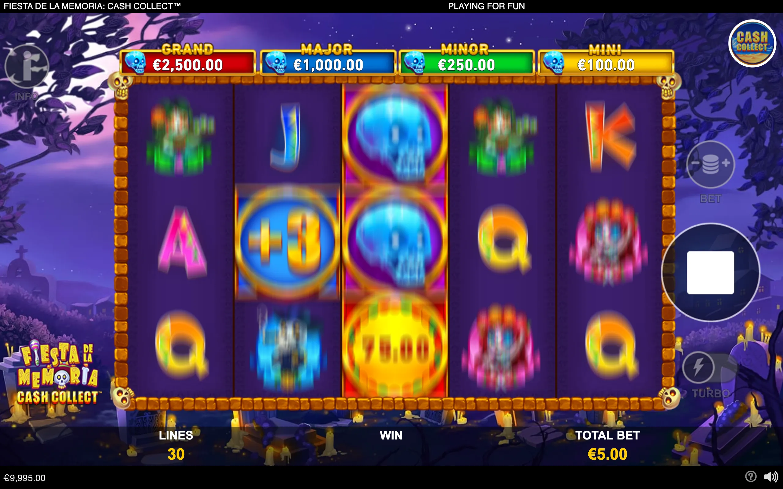 Fiesta de la Memoria: Cash Collect slot interface with spinning reels, colorful letter symbols, blue skull icons, and Grand, Major, Minor, and Mini jackpot meters against a candlelit Día de los Muertos graveyard backdrop.