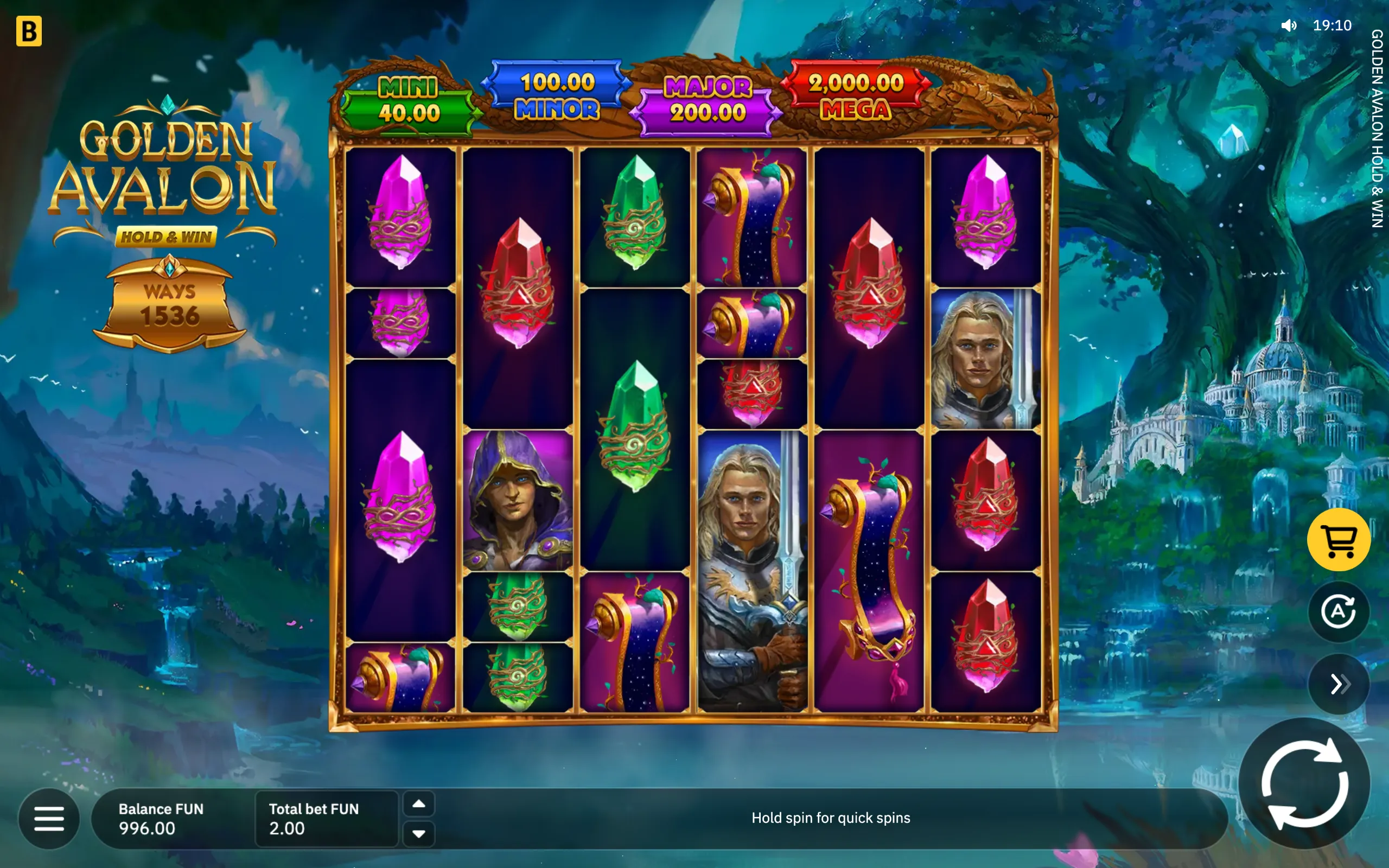 Golden Avalon Hold & Win slot interface featuring enchanted crystal symbols, fantasy character portraits, magical scrolls, and a mystical Avalon castle landscape.