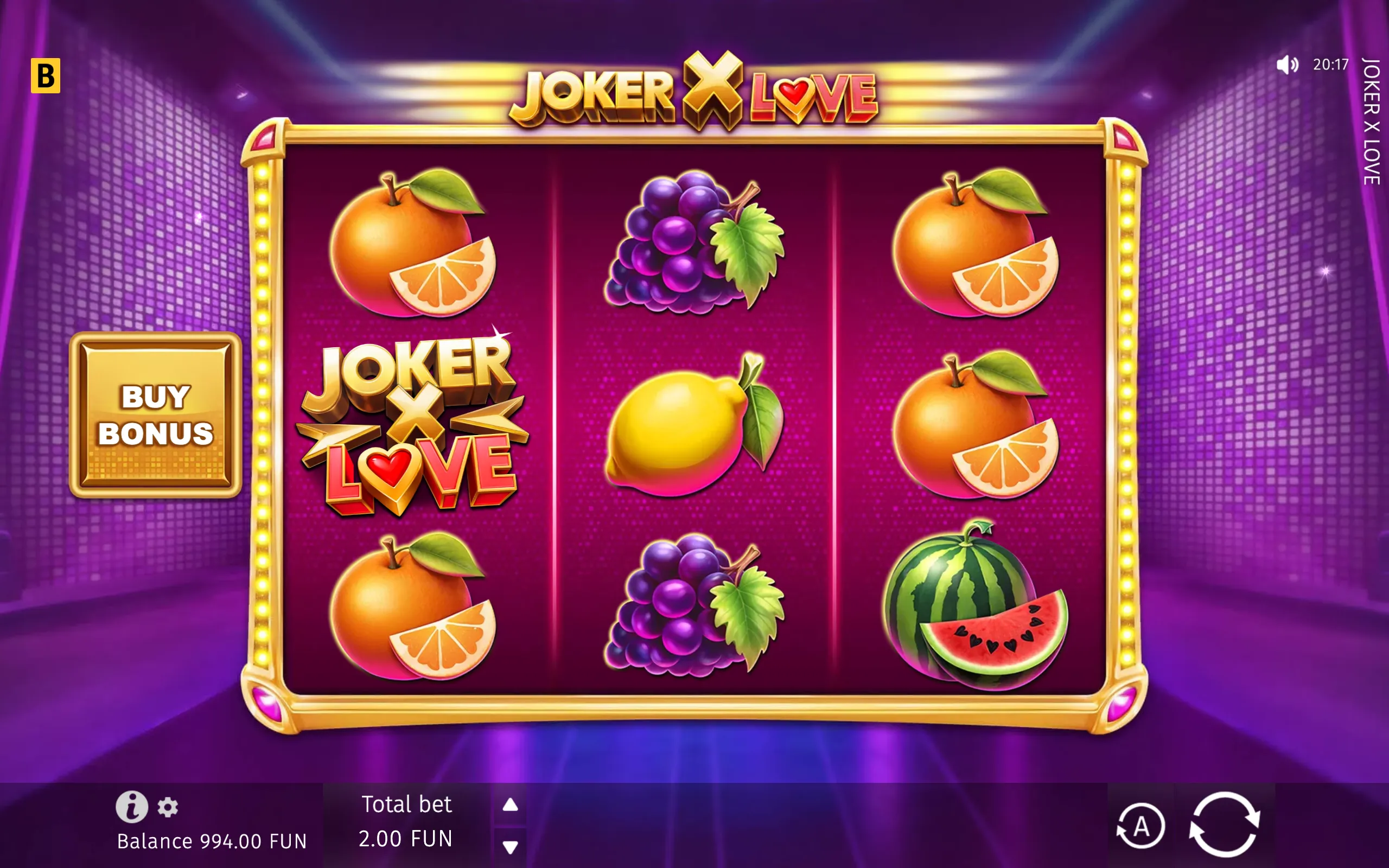 Joker X Love slot interface with glowing purple arcade styling, gold-framed reels, colorful oranges, grapes, lemons, and watermelon, plus a Buy Bonus button.