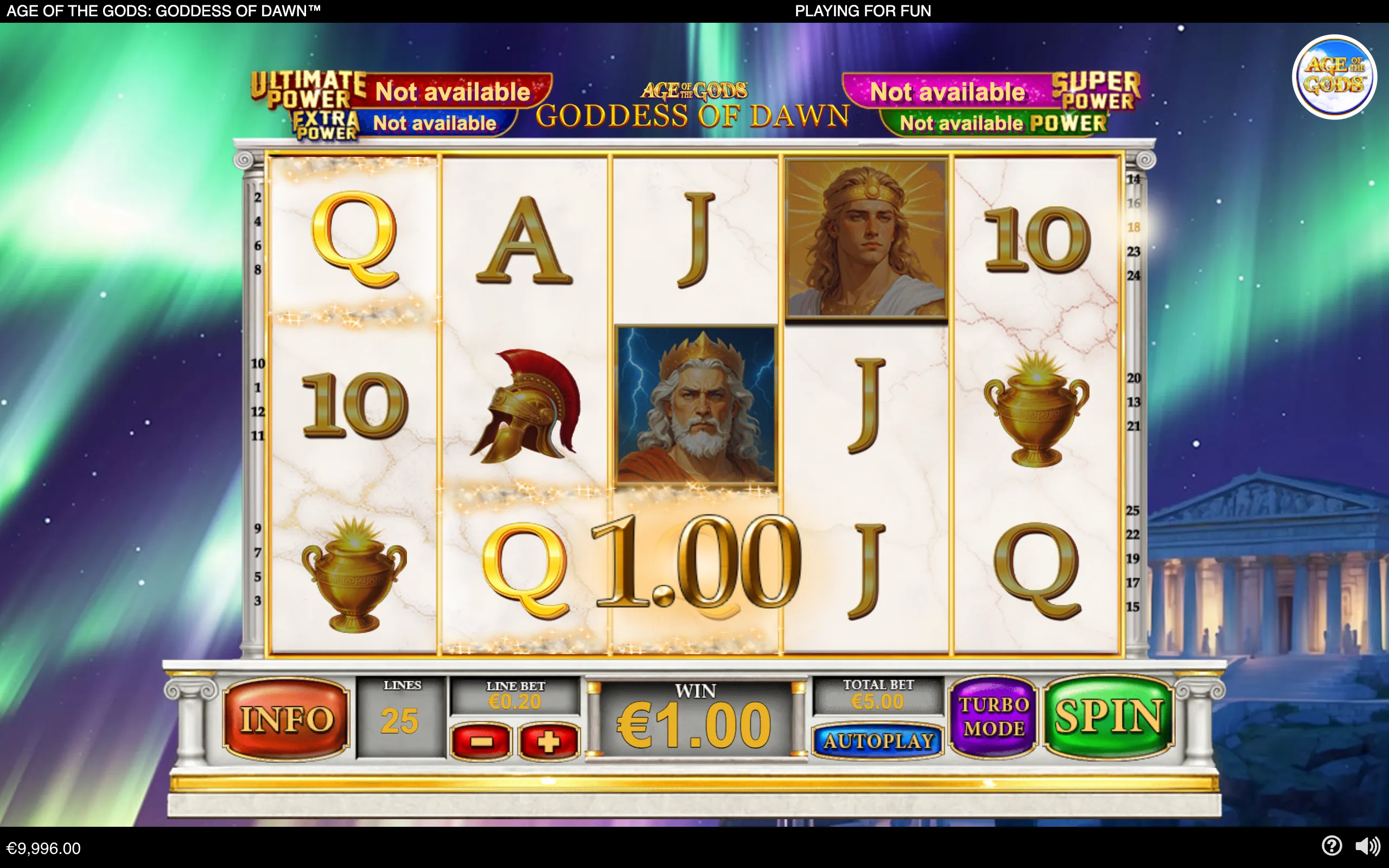 Age of the Gods: Goddess of Dawn slot interface with Greek deity portraits, golden letter symbols, urns, a Spartan helmet, and a starry temple backdrop.