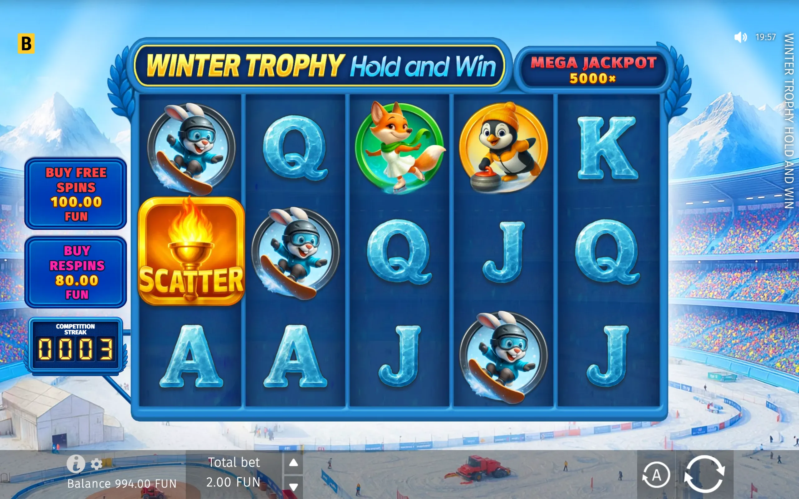 Winter-themed slot game interface featuring icy letter symbols, a flaming torch Scatter symbol, and cartoon animal athletes skiing, snowboarding, and curling in a snowy stadium setting.