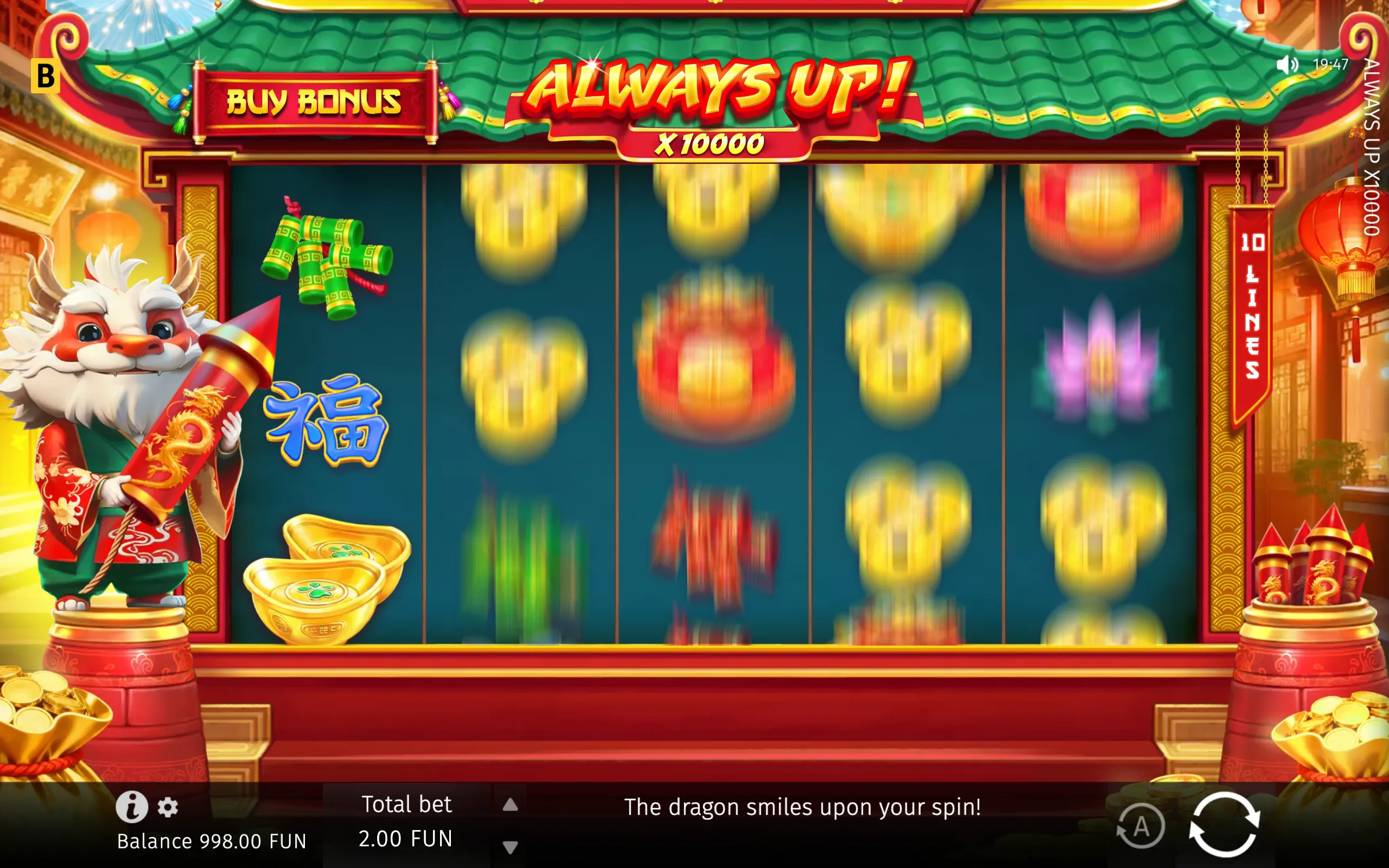 Chinese-themed Always Up! x10000 slot interface with a smiling white dragon, gold ingots, firecrackers, lanterns, bamboo, and spinning reels beneath a traditional green roof.