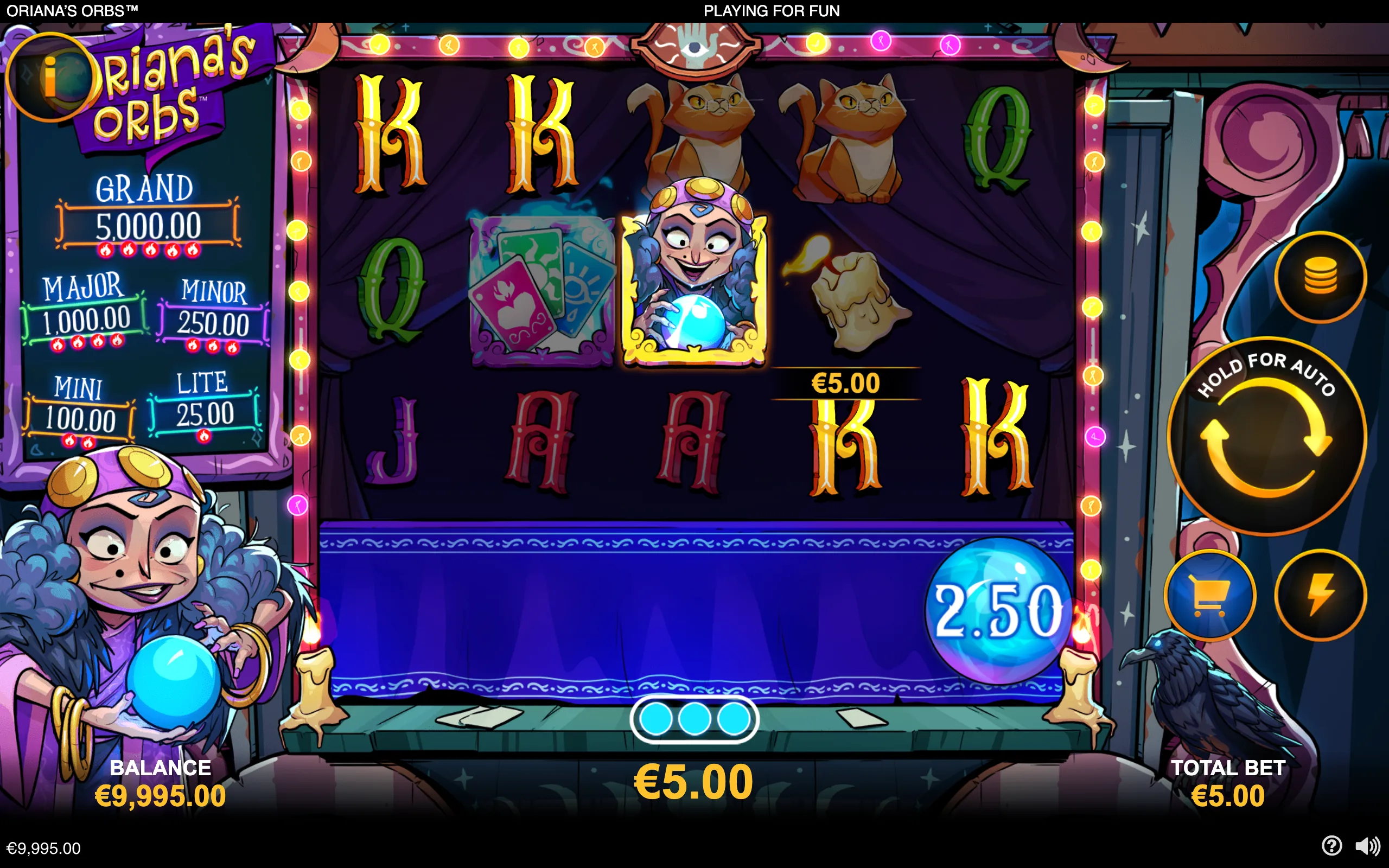 Oriana's Orbs slot interface featuring a blue-haired fortune teller holding a glowing crystal ball, mystical symbols, cats, candles, tarot cards, and jackpot values.