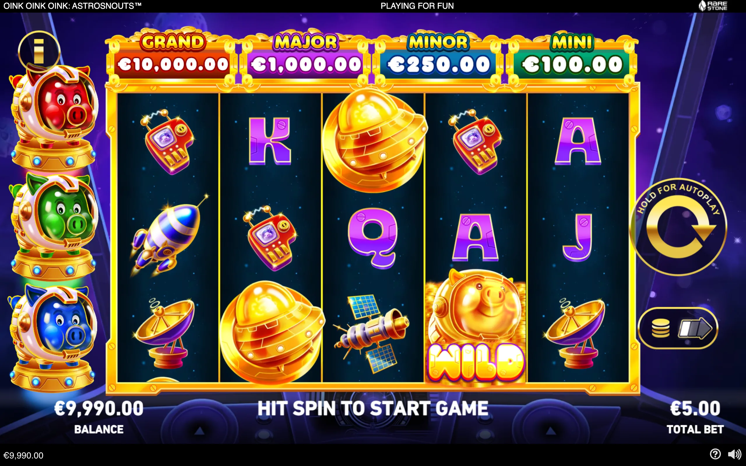 A colorful space-themed slot interface featuring astronaut pigs, rockets, satellites, letter symbols, jackpot banners, and a prominent WILD pig symbol.