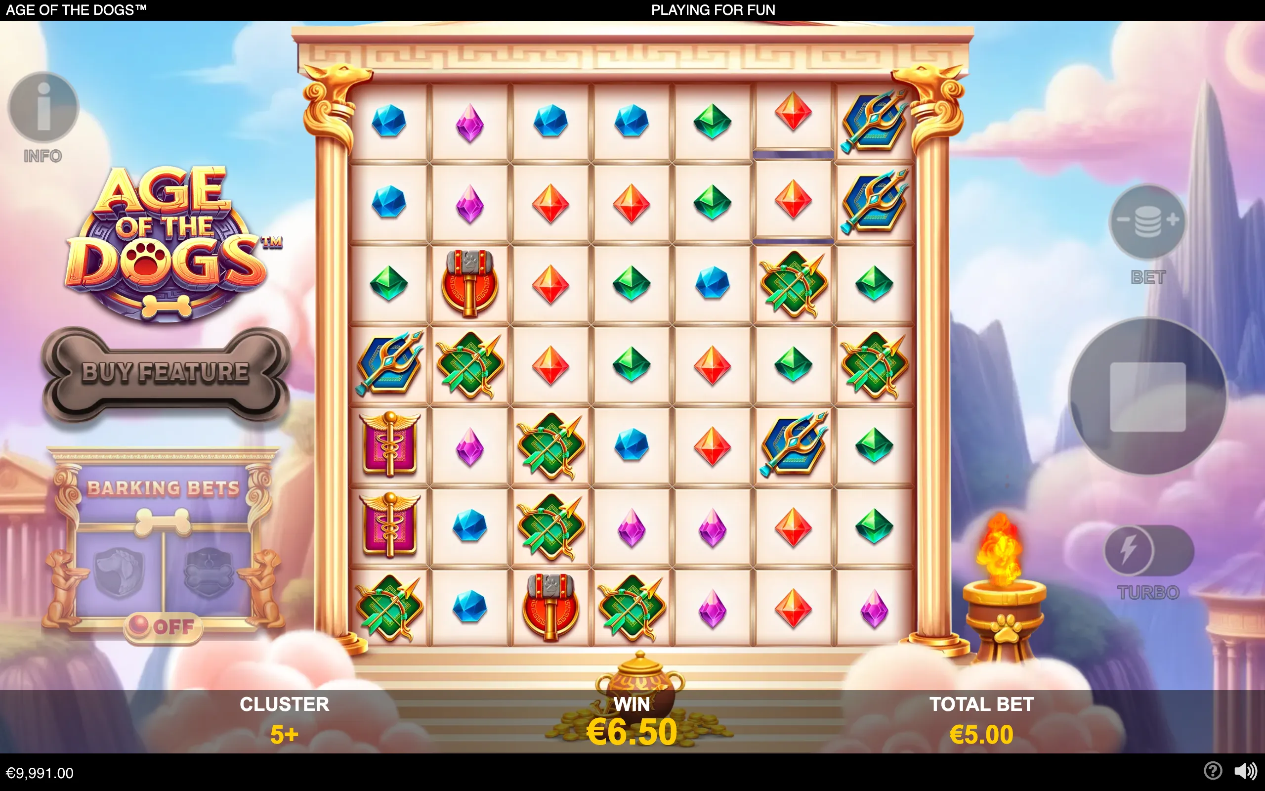 Age of the Dogs slot interface with a Greek temple backdrop, colorful gem symbols, mythological weapon icons, and a displayed €6.50 cluster win.