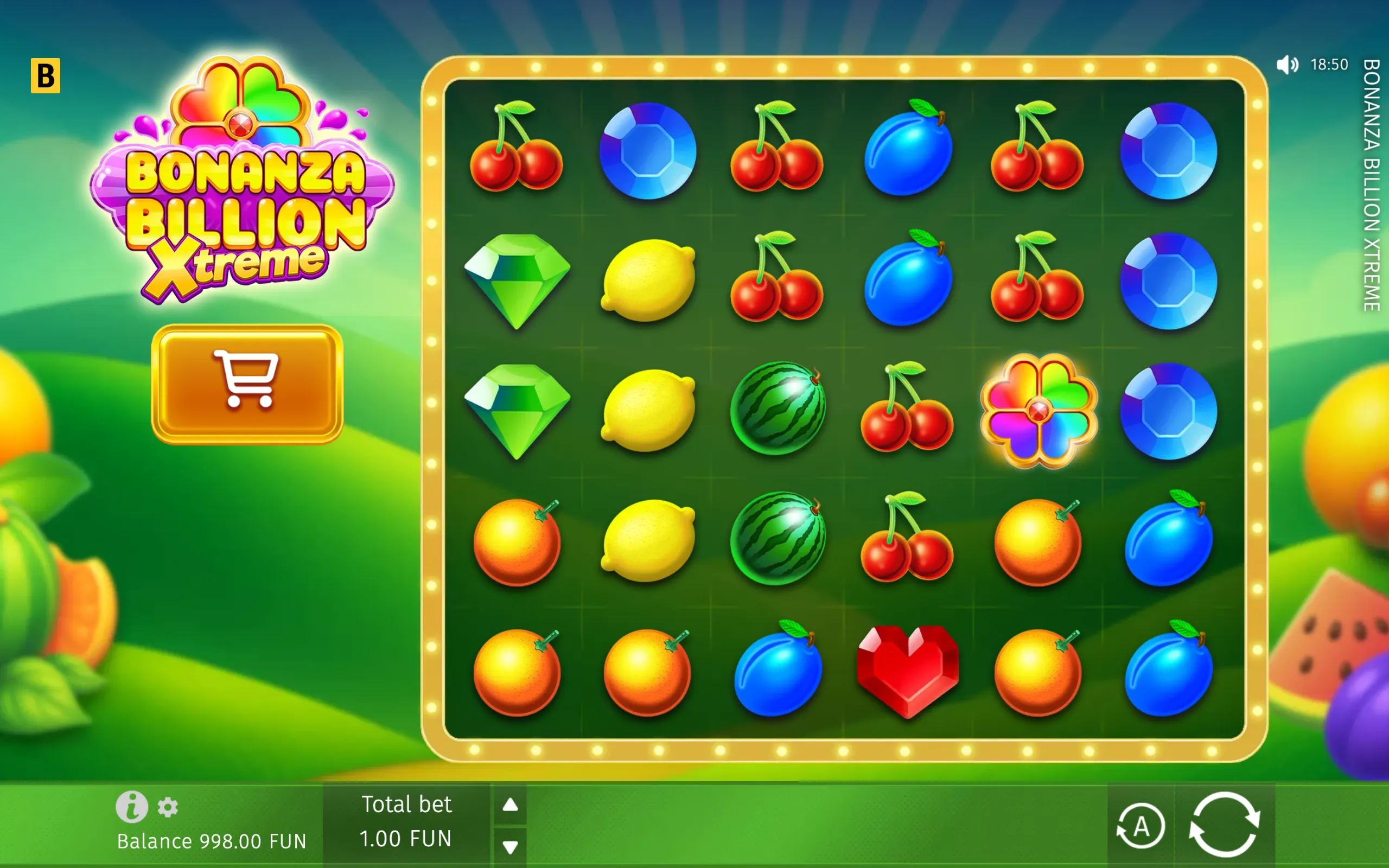 Bonanza Billion Xtreme slot game interface with a five-row reel grid filled with cherries, blue gems, lemons, oranges, plums, watermelons, clovers, hearts, and green diamonds.