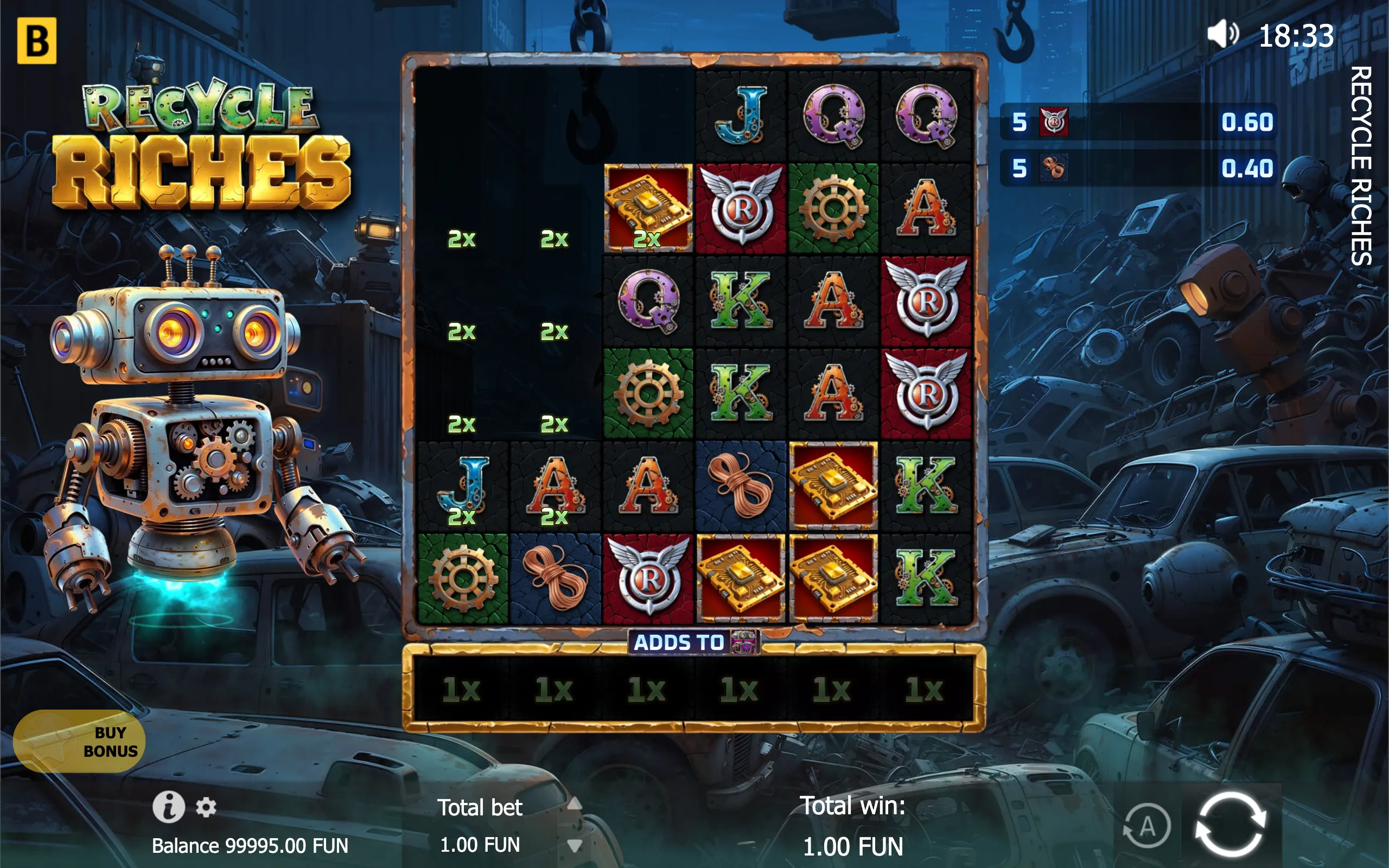 Recycle Riches slot interface with a friendly steampunk robot, a junkyard city backdrop, and a grid of gears, circuit boards, ropes, letters, and winged R symbols.