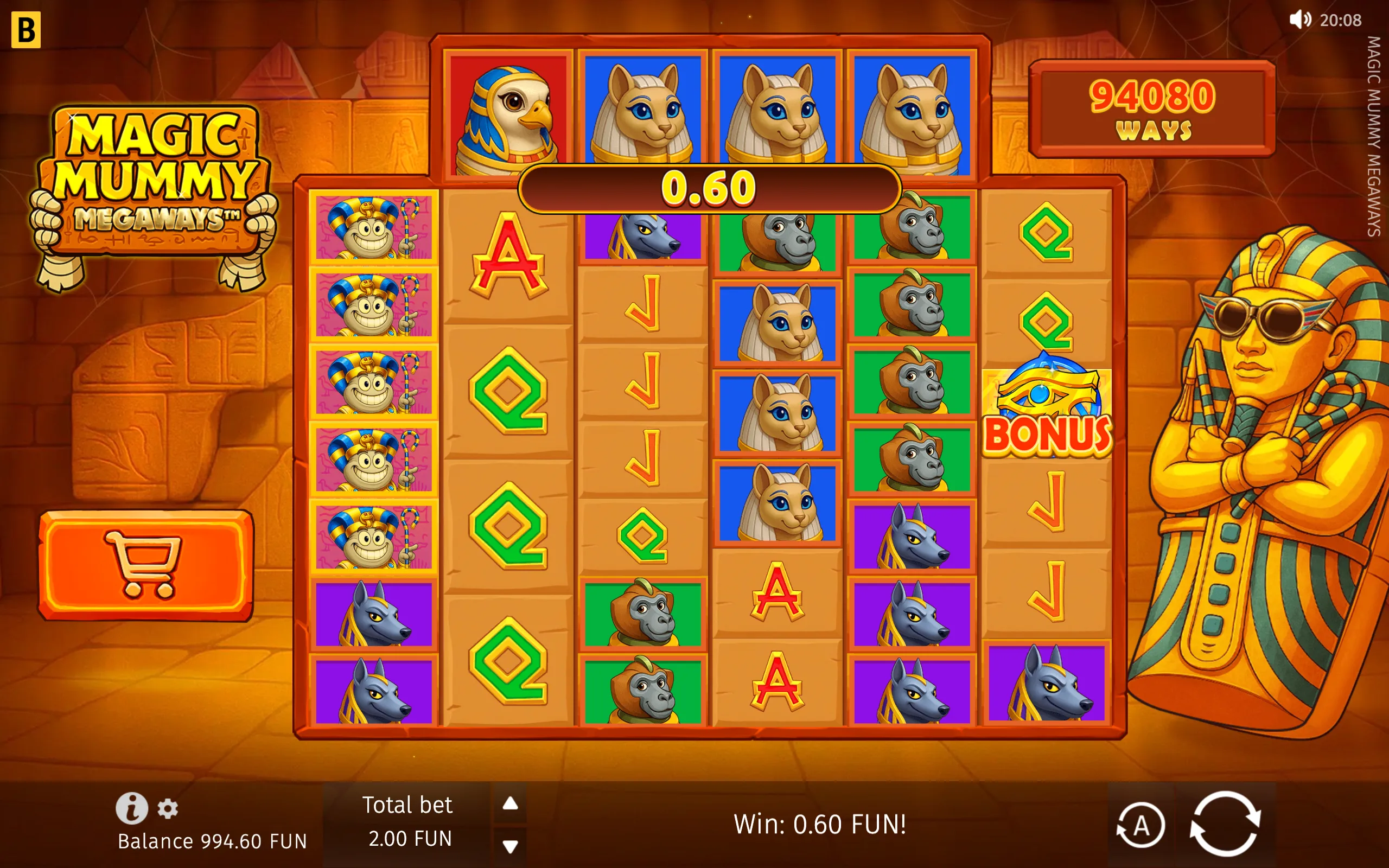 Colorful Magic Mummy Megaways slot interface set inside an Egyptian tomb, featuring a mummy, Anubis, cats, monkeys, scarabs, a bonus eye symbol, and a 94,080-ways reel layout.