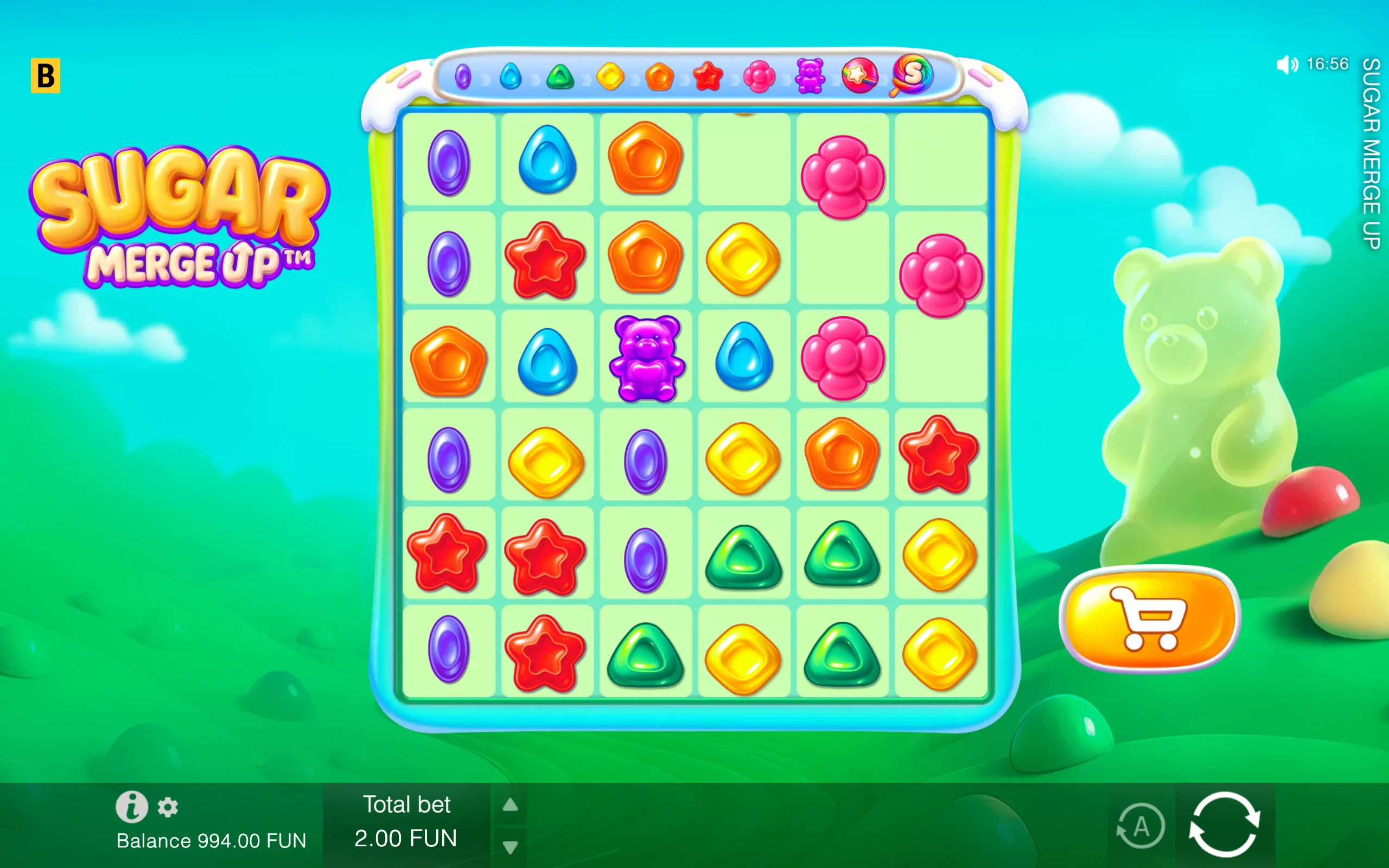 Colorful candy symbols fill a large grid in Sugar Merge Up, with a purple gummy bear, lollipop icon, and translucent green gummy bear character set against a bright candy-land backdrop.