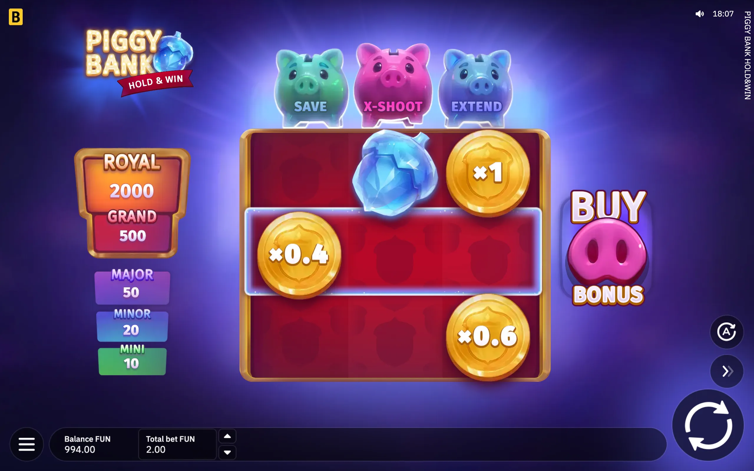 Piggy Bank Hold & Win slot interface with colorful piggy icons, multiplier coins on a red bonus grid, jackpot values, and a Buy Bonus option against a glowing purple backdrop.