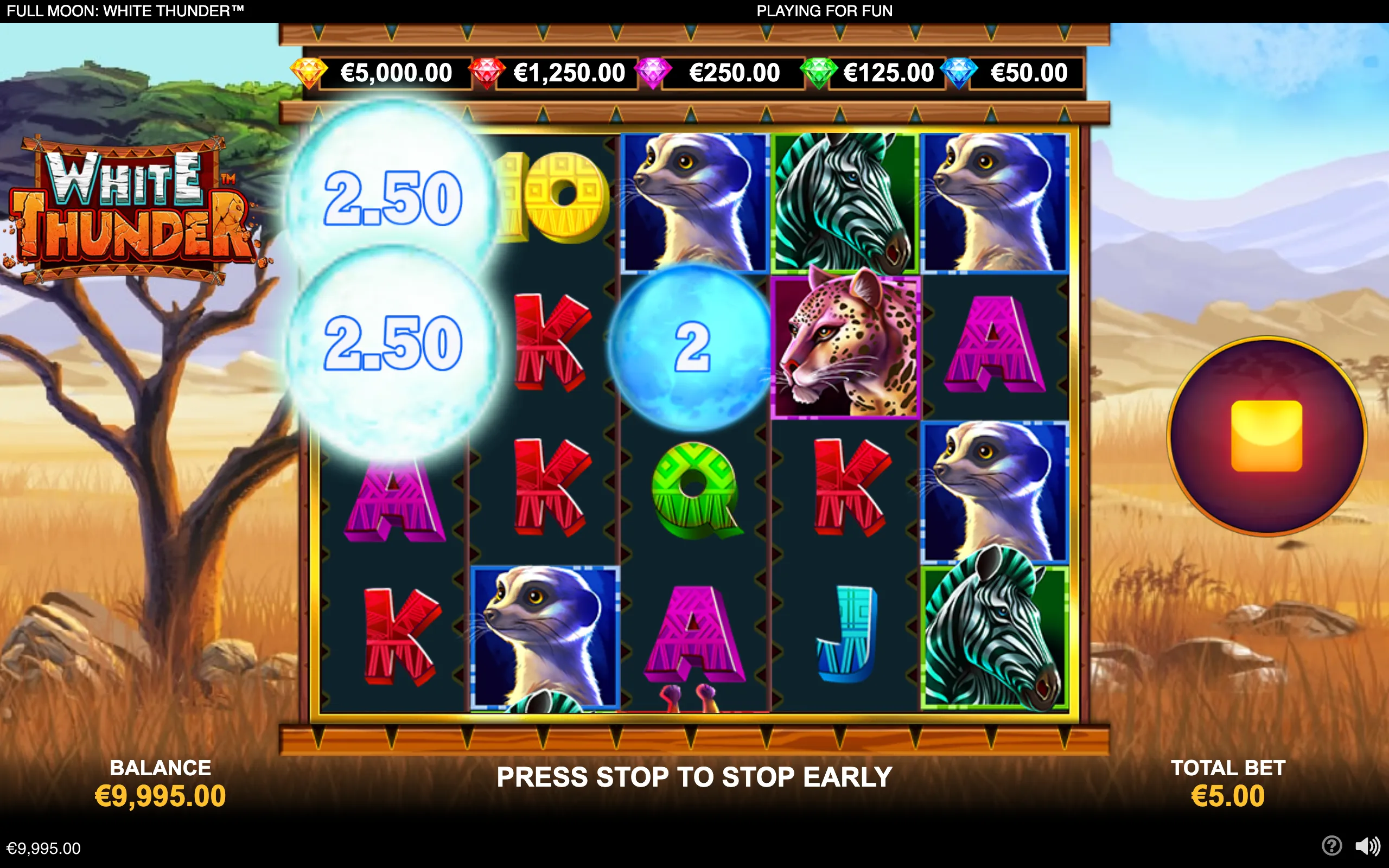 Full Moon: White Thunder slot interface with animal symbols, glowing moon-value orbs, gem jackpot tiers, and a stylized African savanna backdrop.