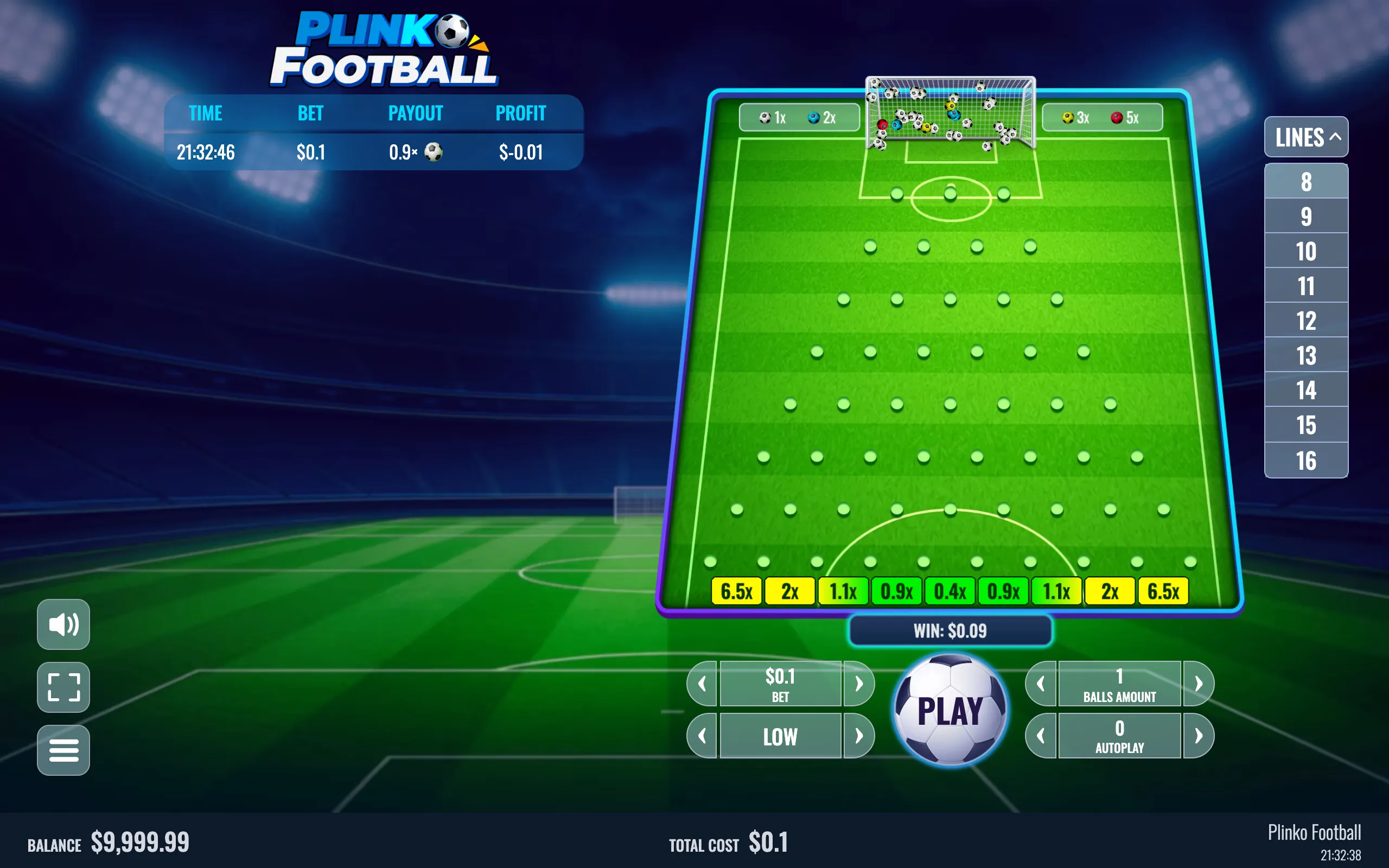 Plinko Football game interface featuring a green football pitch, a peg-filled Plinko board, soccer balls, multiplier slots, and a large Play button.