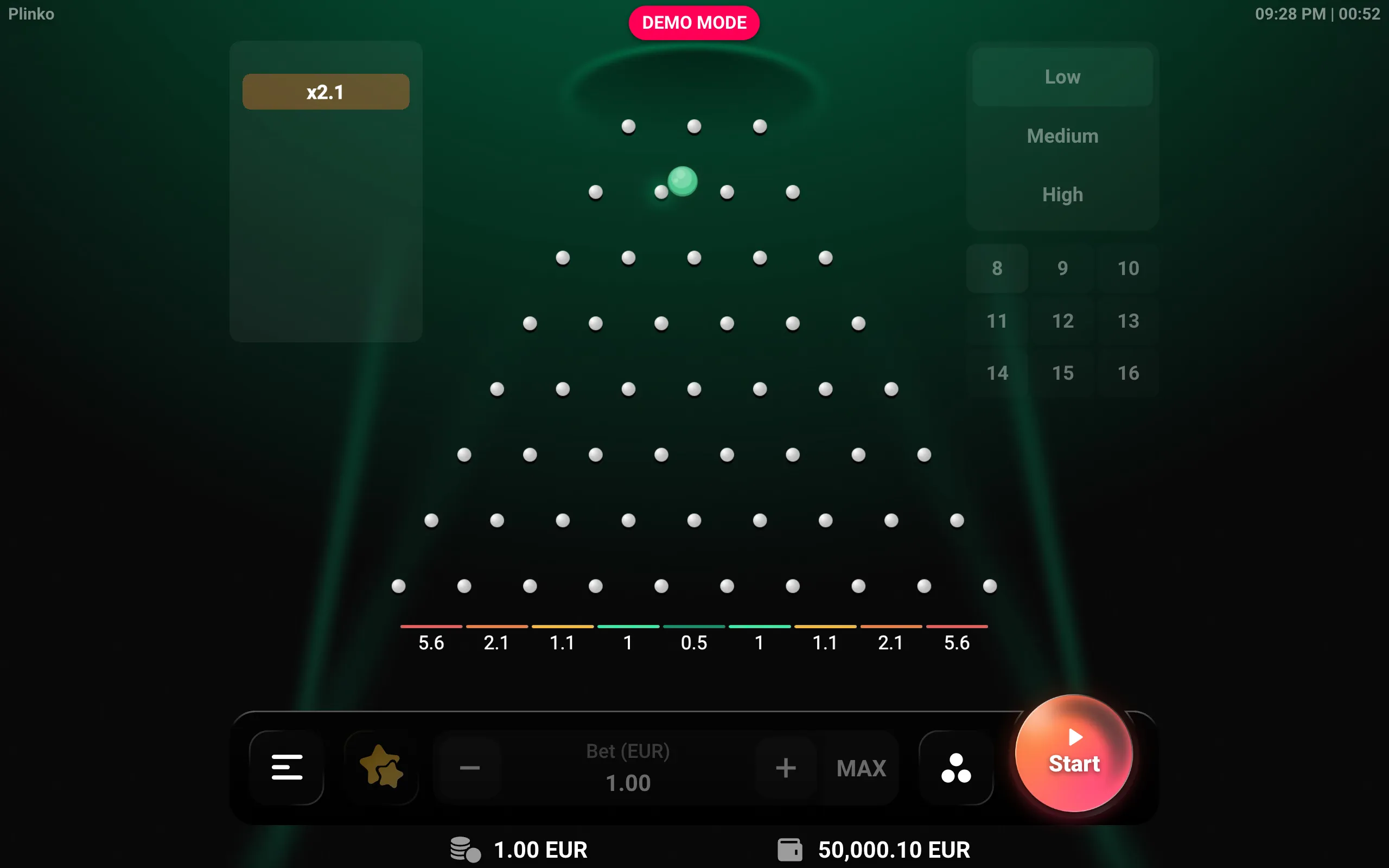 Plinko game interface with a glowing green ball falling through rows of white pegs toward multiplier pockets from 0.5x to 5.6x.