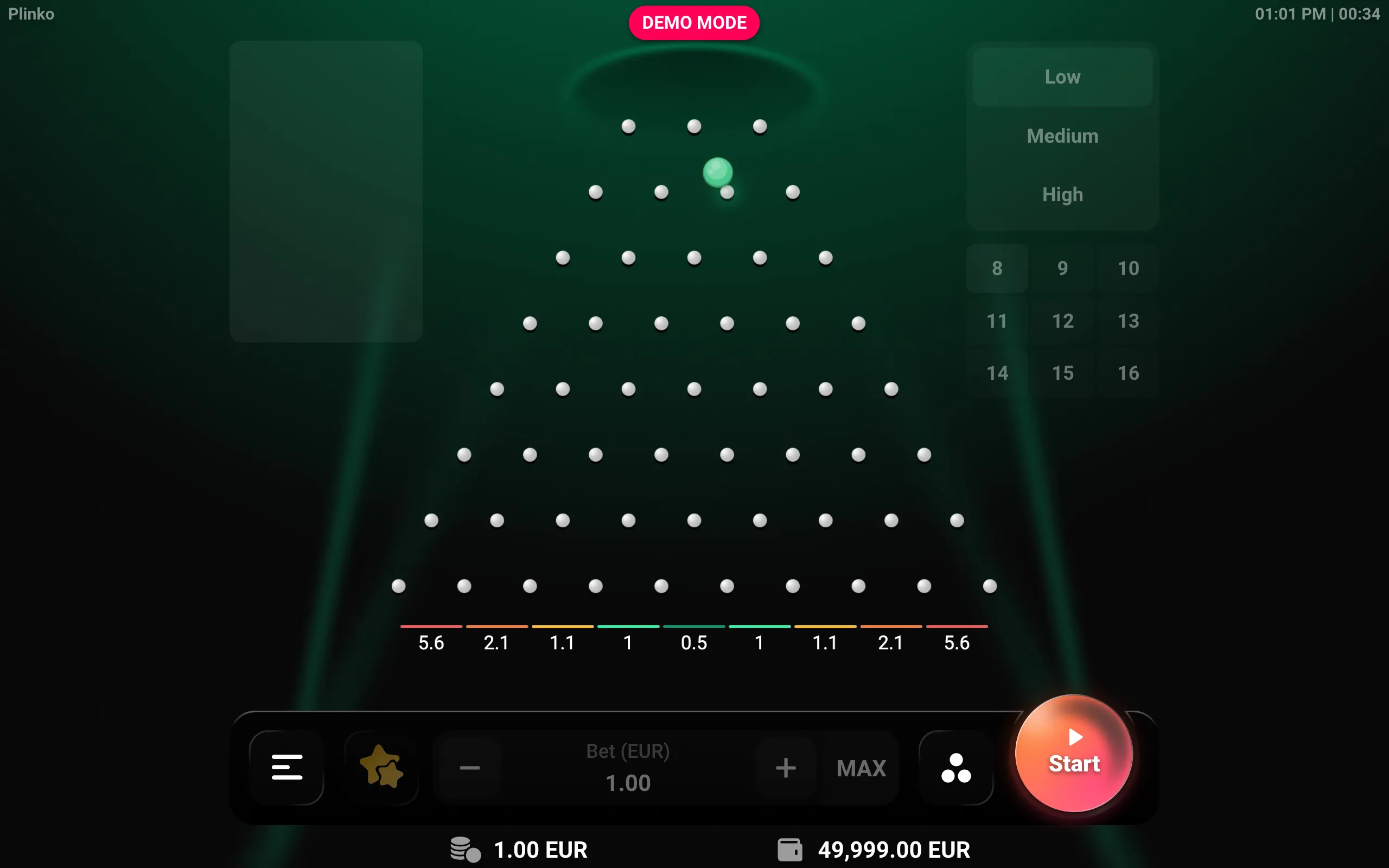Dark green Plinko game interface with a glowing ball descending through rows of white pegs toward multiplier slots ranging from 0.5 to 5.6.