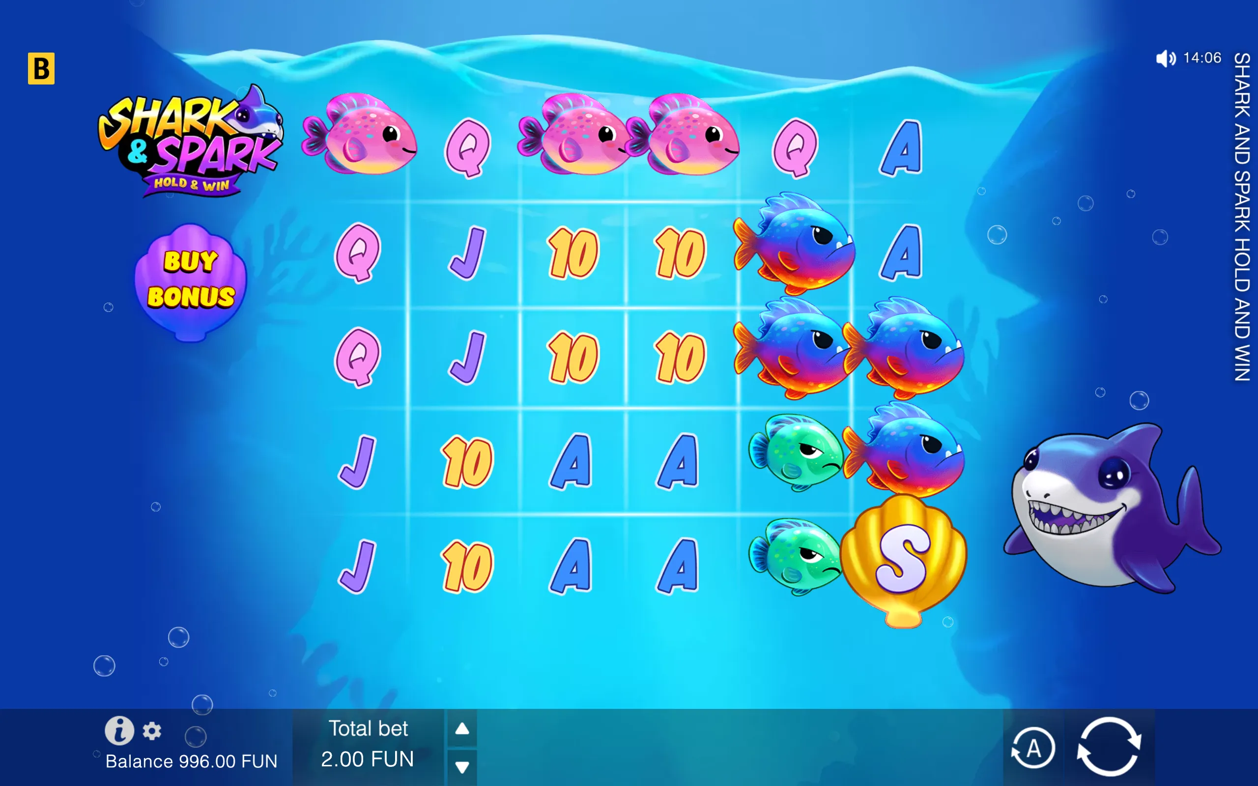 Colorful Shark & Spark slot reels beneath the ocean surface, featuring cartoon fish, a grinning purple shark, playing-card symbols, a gold S symbol, and a Buy Bonus button.