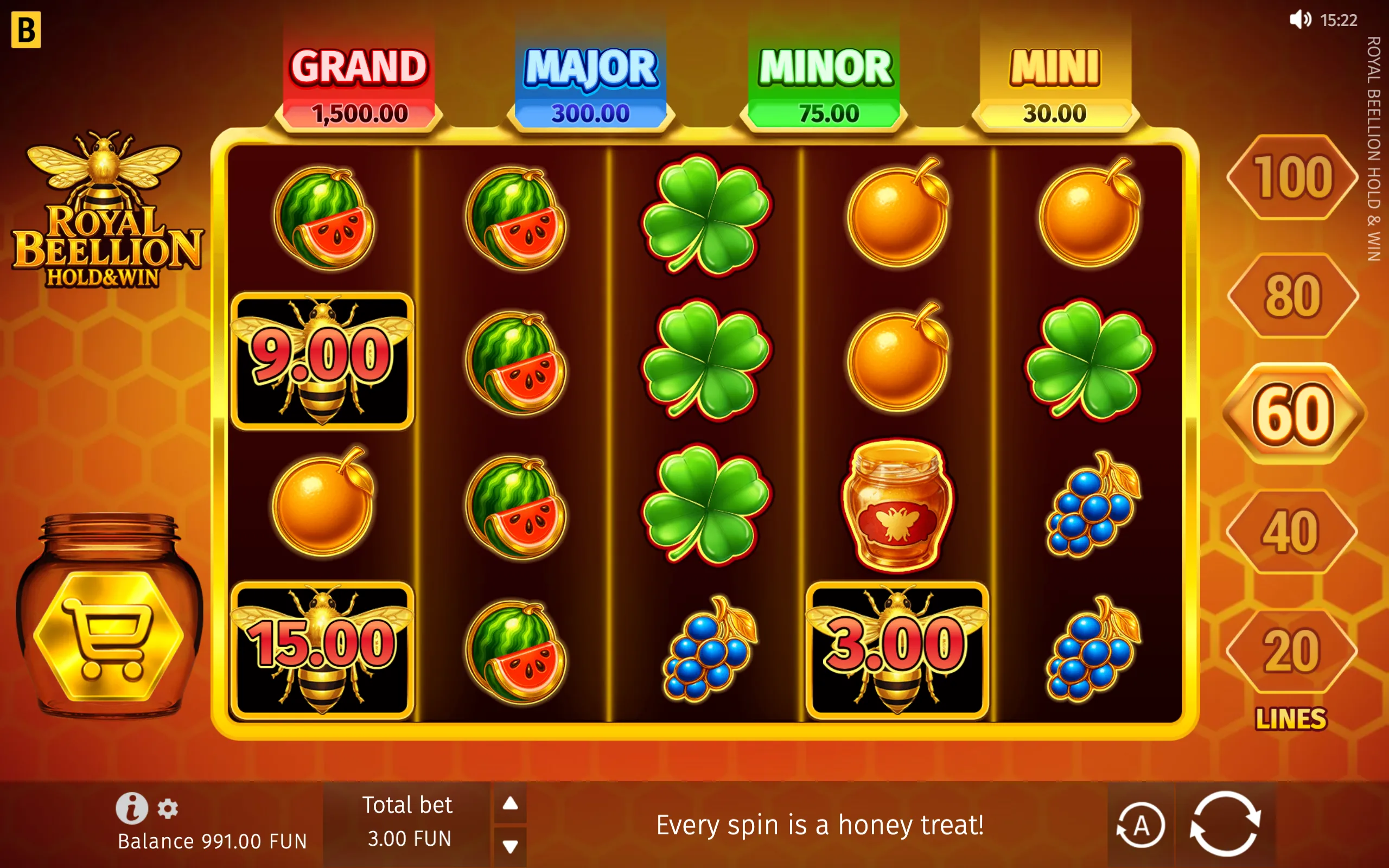 Royal Beellion Hold & Win slot interface with bee, watermelon, orange, clover, berry, and honey jar symbols on golden reels, plus Grand, Major, Minor, and Mini jackpot values.