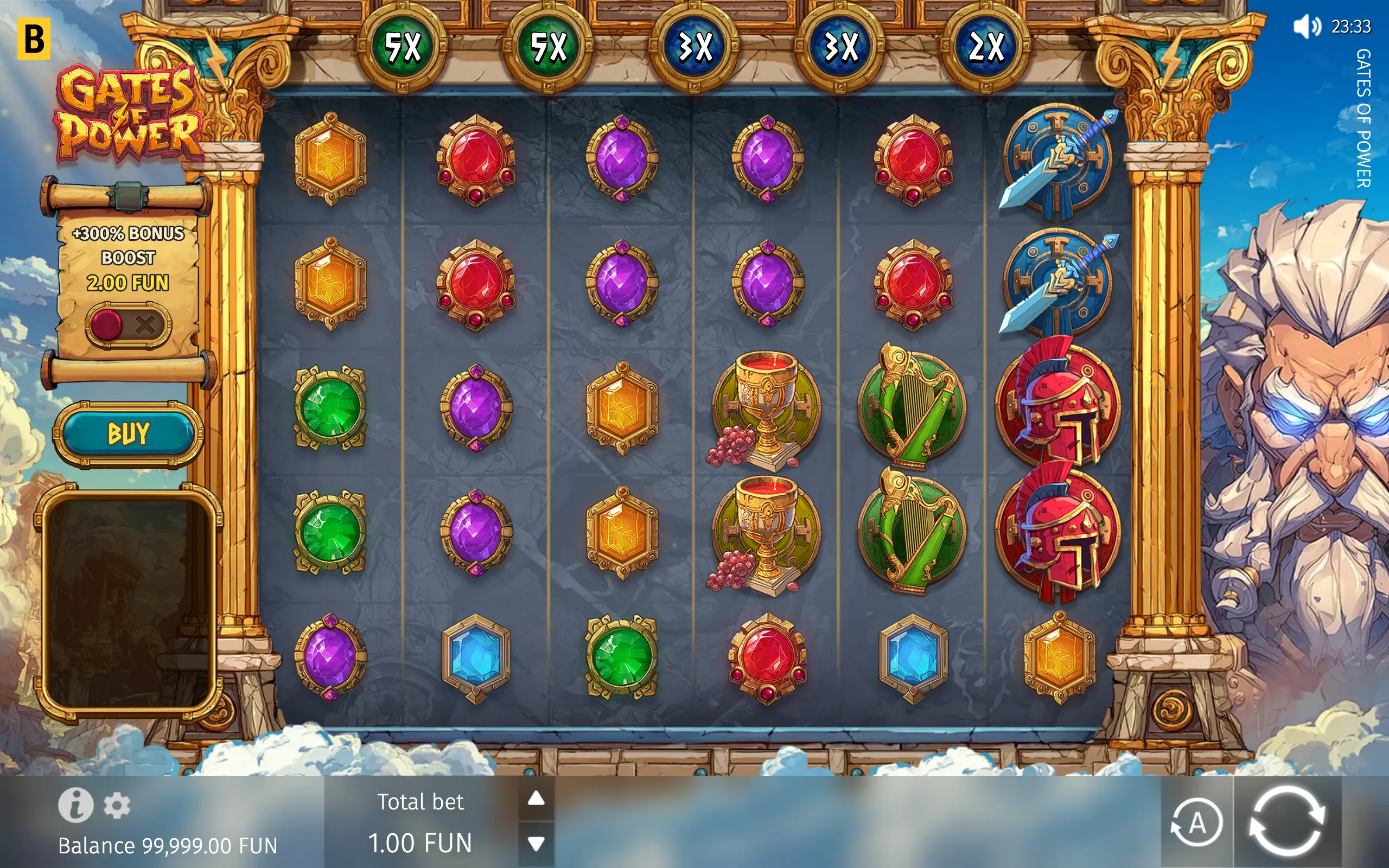 Gates of Power slot interface with jeweled symbols, swords, goblets, harps, helmets, column multipliers, and a stern white-haired warrior framed by ancient stone architecture.