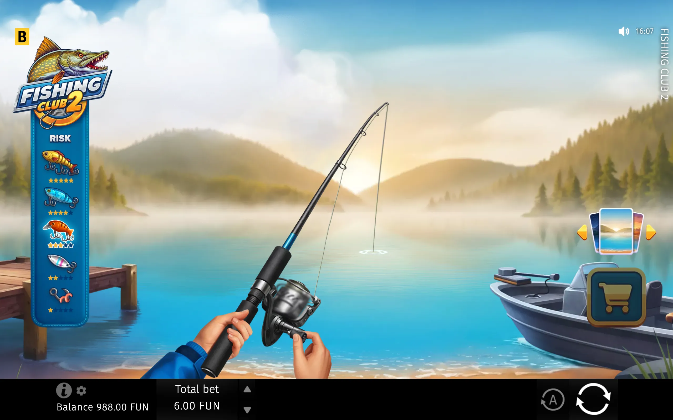 Fishing Club 2 slot interface set on a tranquil mountain lake, with a fishing rod, motorboat, fish logo, and a vertical risk panel displaying lure symbols and star ratings.