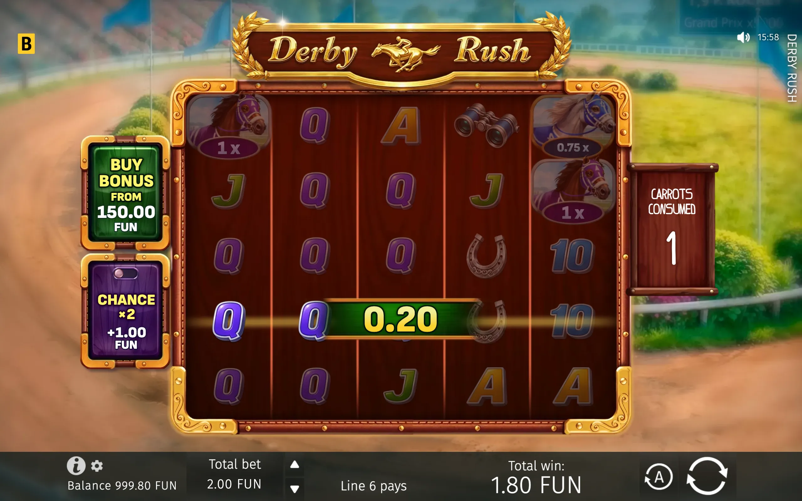 Derby Rush slot interface with horse multiplier symbols, playing-card icons, horseshoes, binoculars, and a racetrack backdrop.