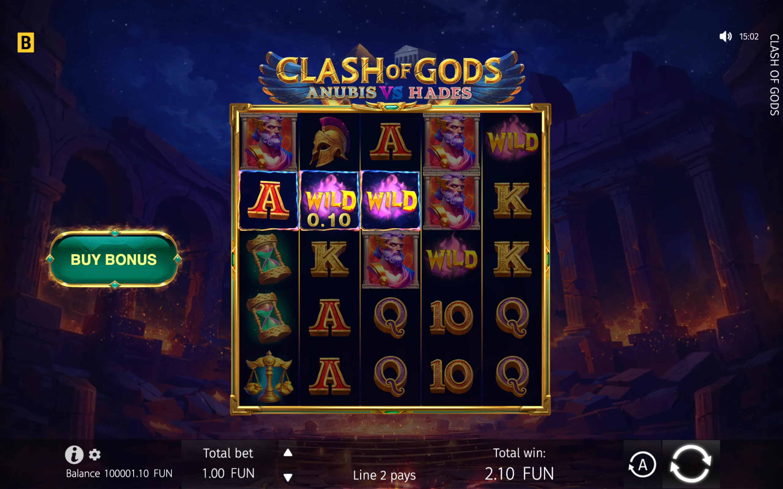 Clash of Gods: Anubis vs Hades slot interface with Greek deity symbols, glowing Wild tiles, ancient ruins, and a dark underworld backdrop.