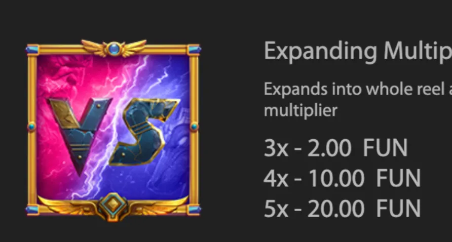 A metallic VS symbol framed in gold appears against a split red-and-blue lightning backdrop, beside text describing an expanding multiplier feature with 3x, 4x, and 5x values.