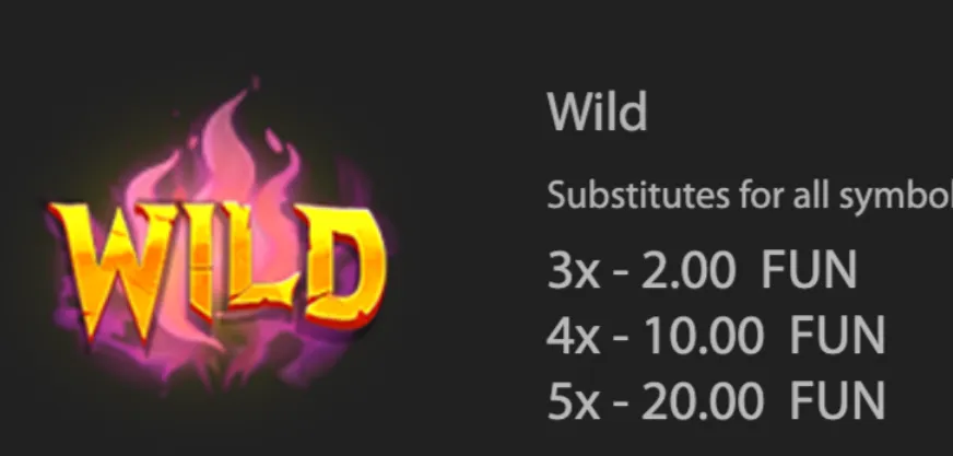 Golden WILD lettering surrounded by purple flames beside a rules panel listing substitution details and payouts in FUN.