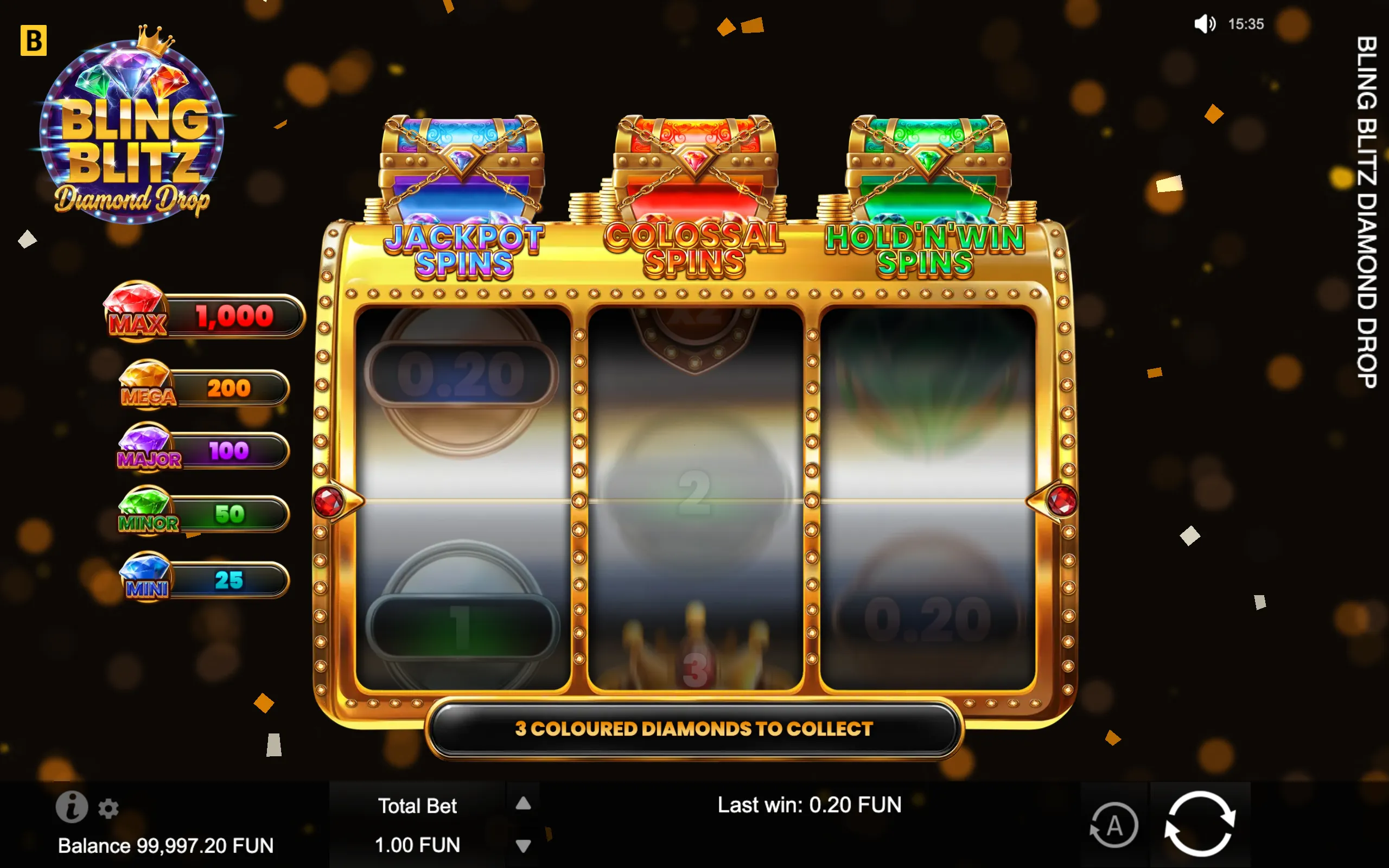 Bling Blitz Diamond Drop slot interface with three jeweled treasure chests labelled Jackpot Spins, Colossal Spins, and Hold ’N’ Win Spins, plus coloured diamond jackpot tiers.