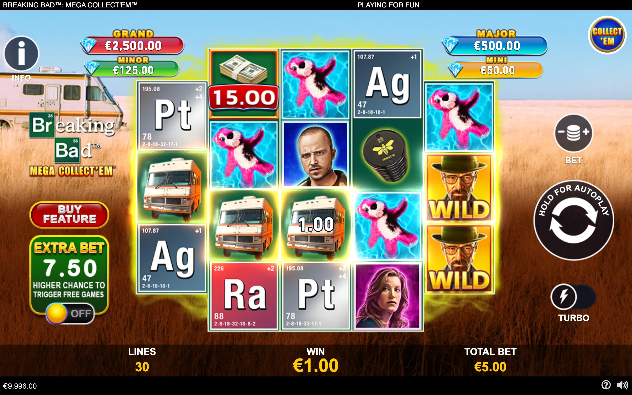 Breaking Bad slot interface with reels featuring cash, RVs, chemical symbols, character portraits, pink teddy bears, a Walter White WILD, and jackpot meters.