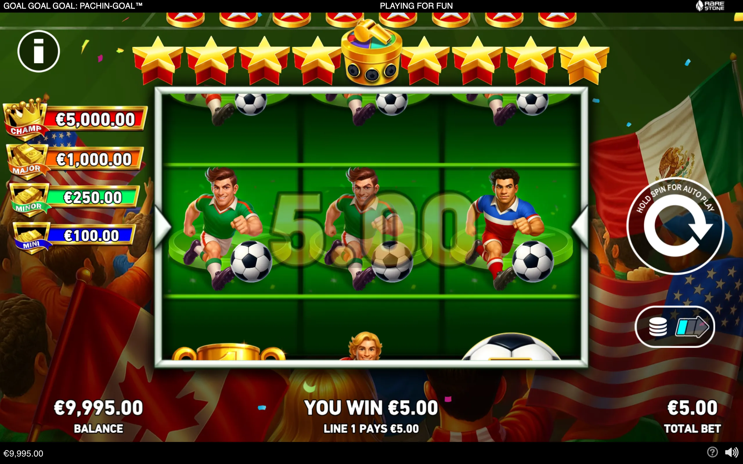 Goal Goal Goal: Pachin-Goal slot interface with football players, soccer balls, star symbols, jackpot tiers, and a €5.00 line win against a cheering stadium crowd.