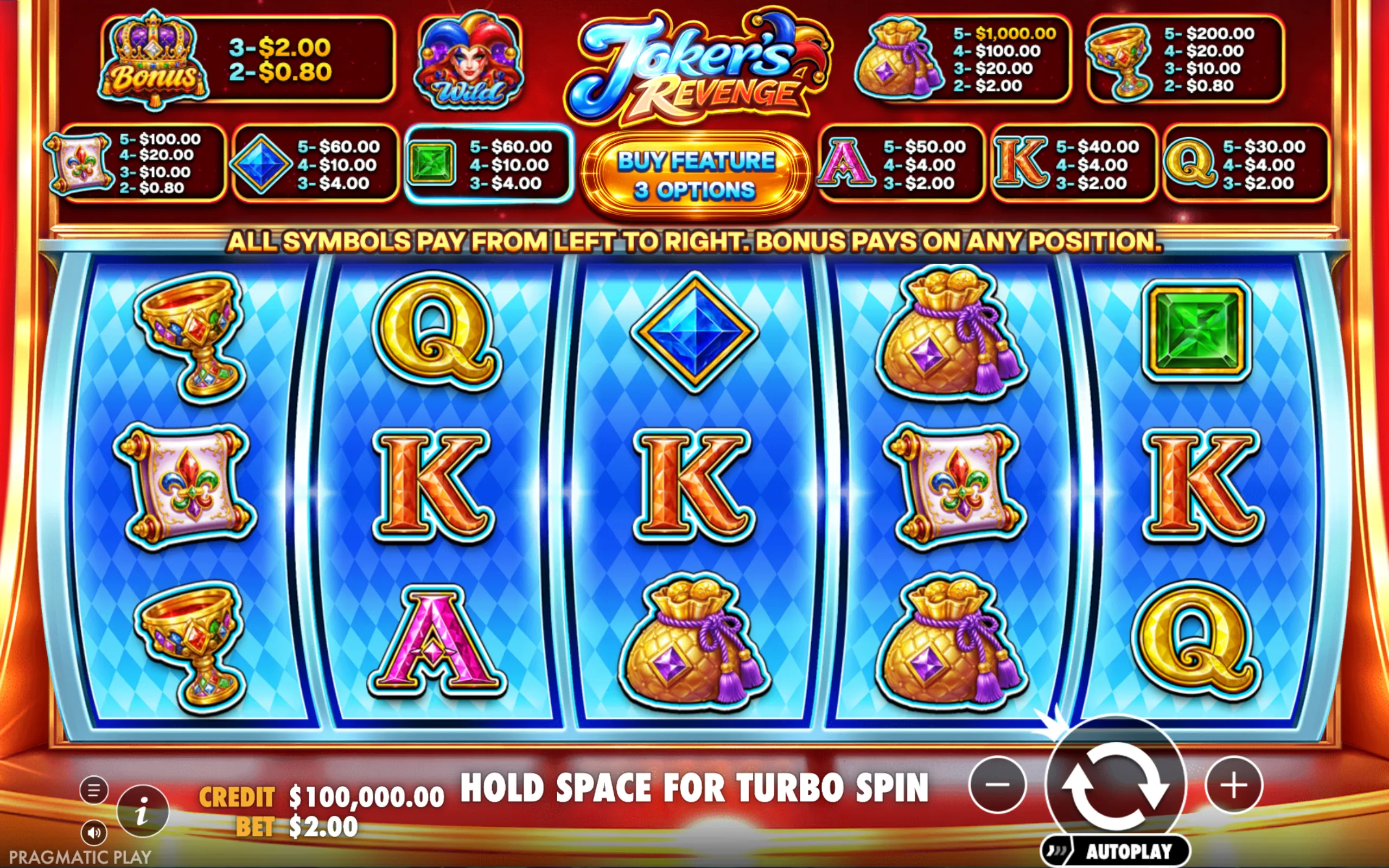 Joker's Revenge slot game with colorful jewel and card symbols, bonus crown, wild joker, and a buy feature button.
