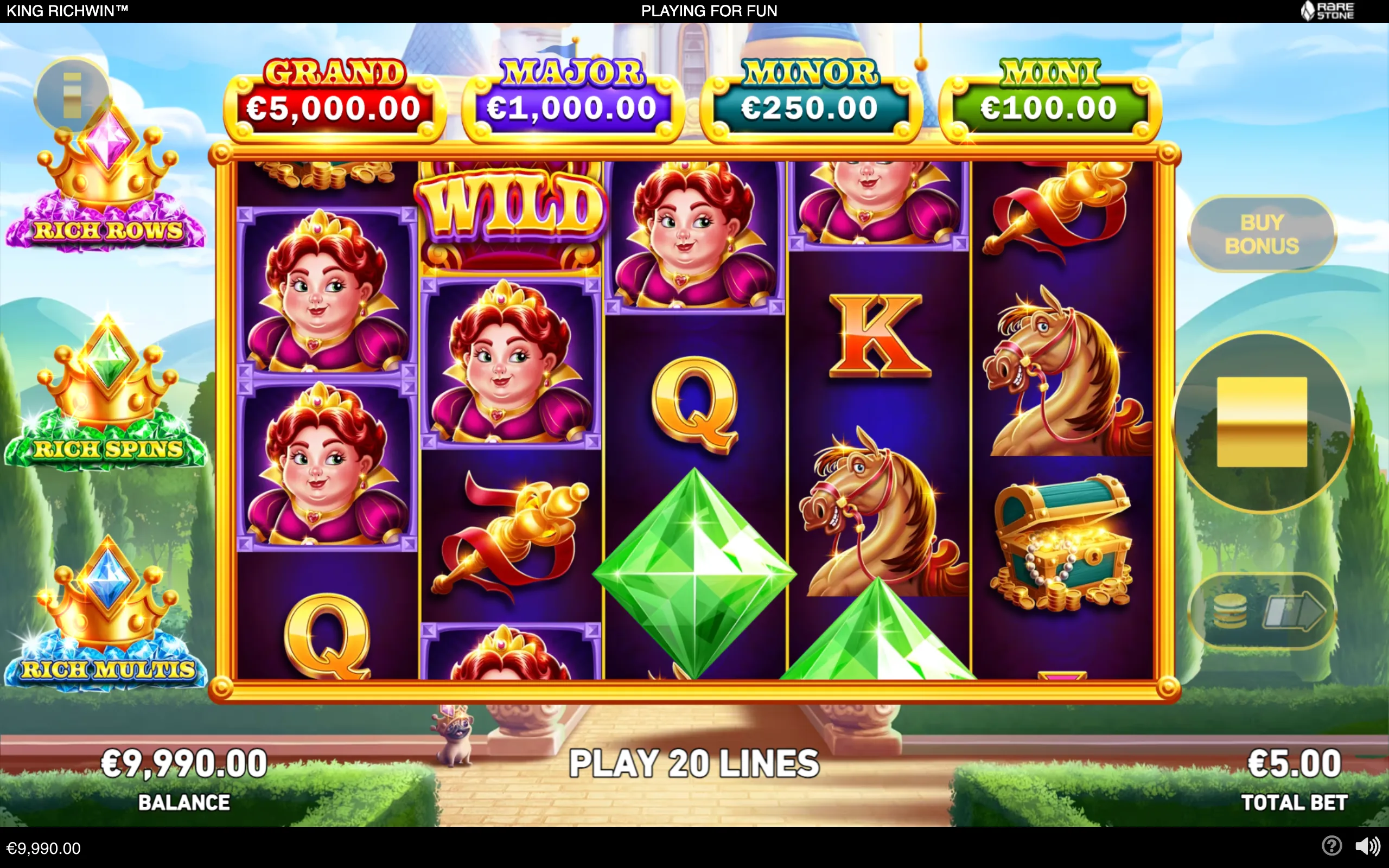 King Richwin slot reels framed in gold display crowned characters, horses, gemstones, a Wild symbol, treasure chest, jackpot tiers, and a palace garden backdrop.