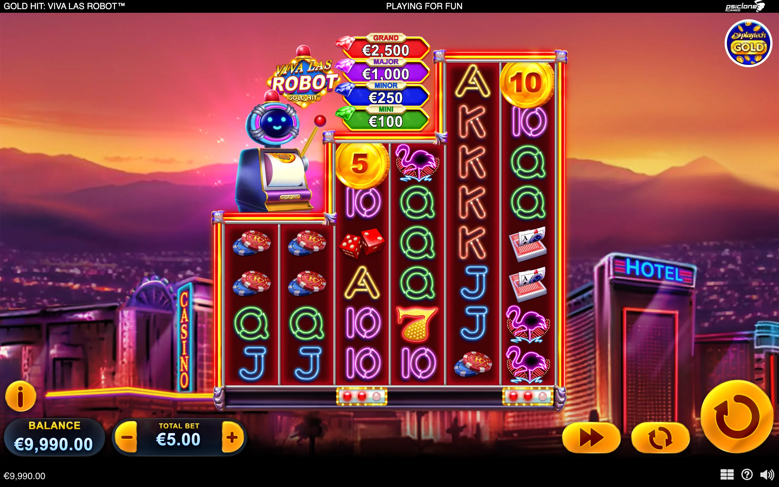 A neon Las Vegas slot game with a friendly robot beside tiered Grand, Major, Minor and Mini jackpot meters, casino symbols, chips, dice and flamingos across the reels.