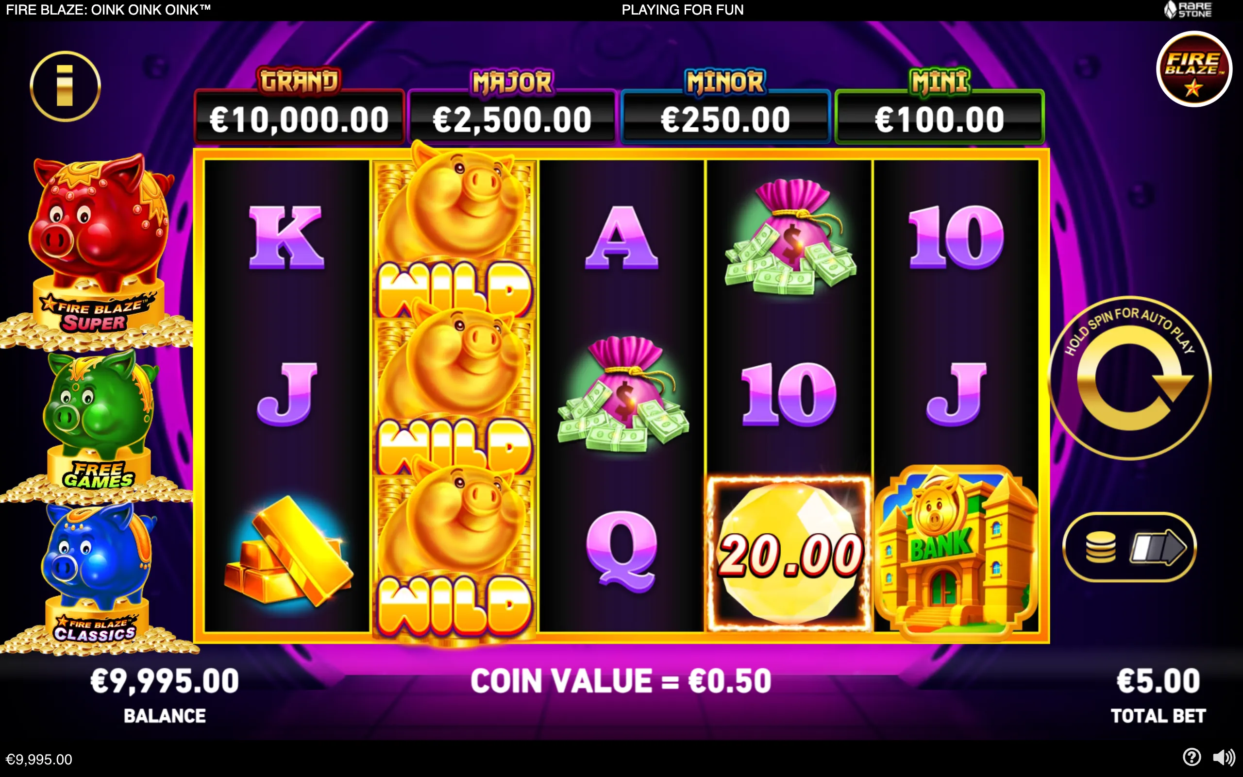 Fire Blaze: Oink Oink Oink slot with colourful pig characters, stacked golden pig wild symbols, cash bags, gold bars, a bank symbol, jackpot values, and a €20.00 coin prize.
