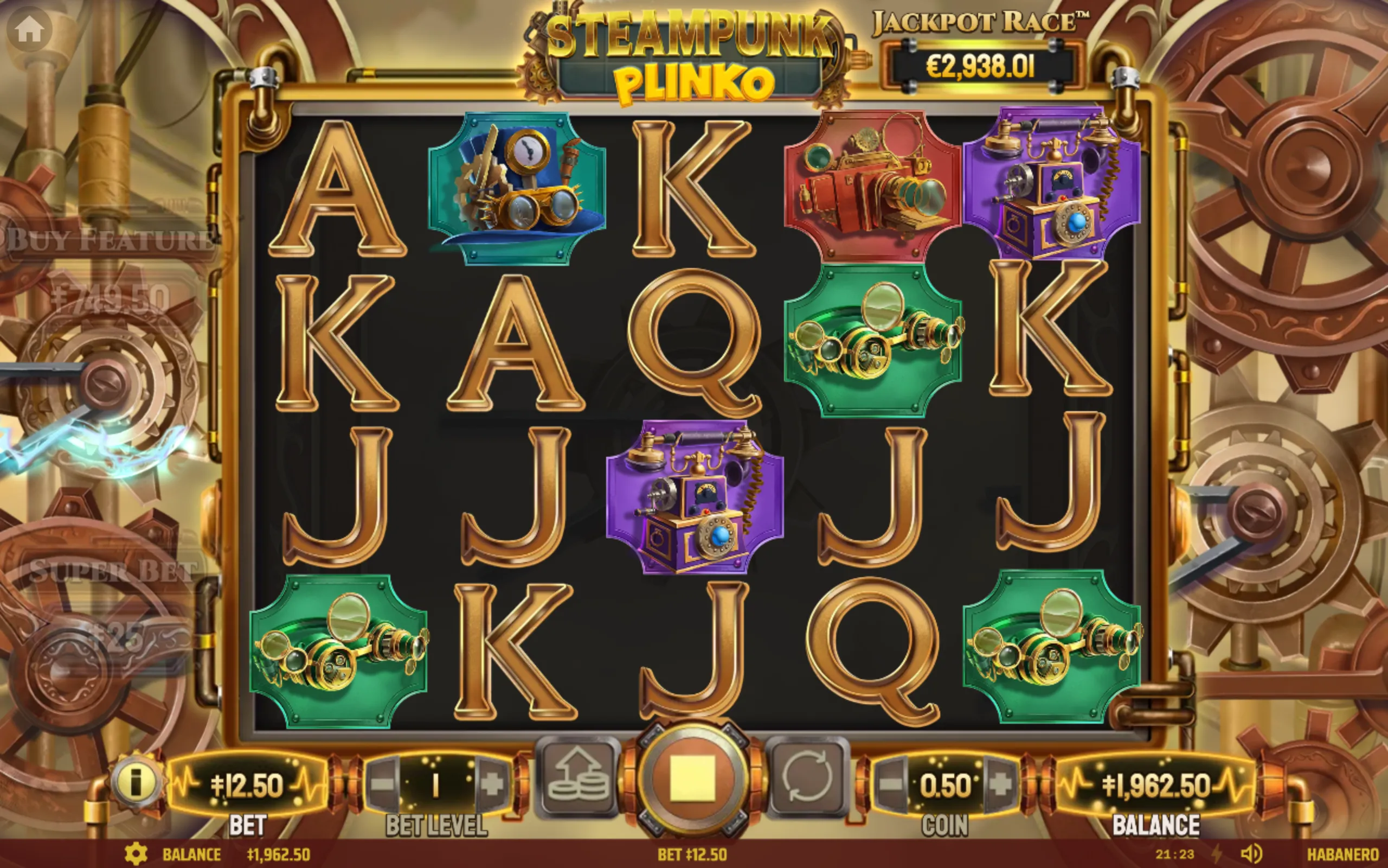 Steampunk Plinko slot reels with brass letters, inventor gadgets, goggles, ray guns, and ornate mechanical gears, featuring a Jackpot Race display.
