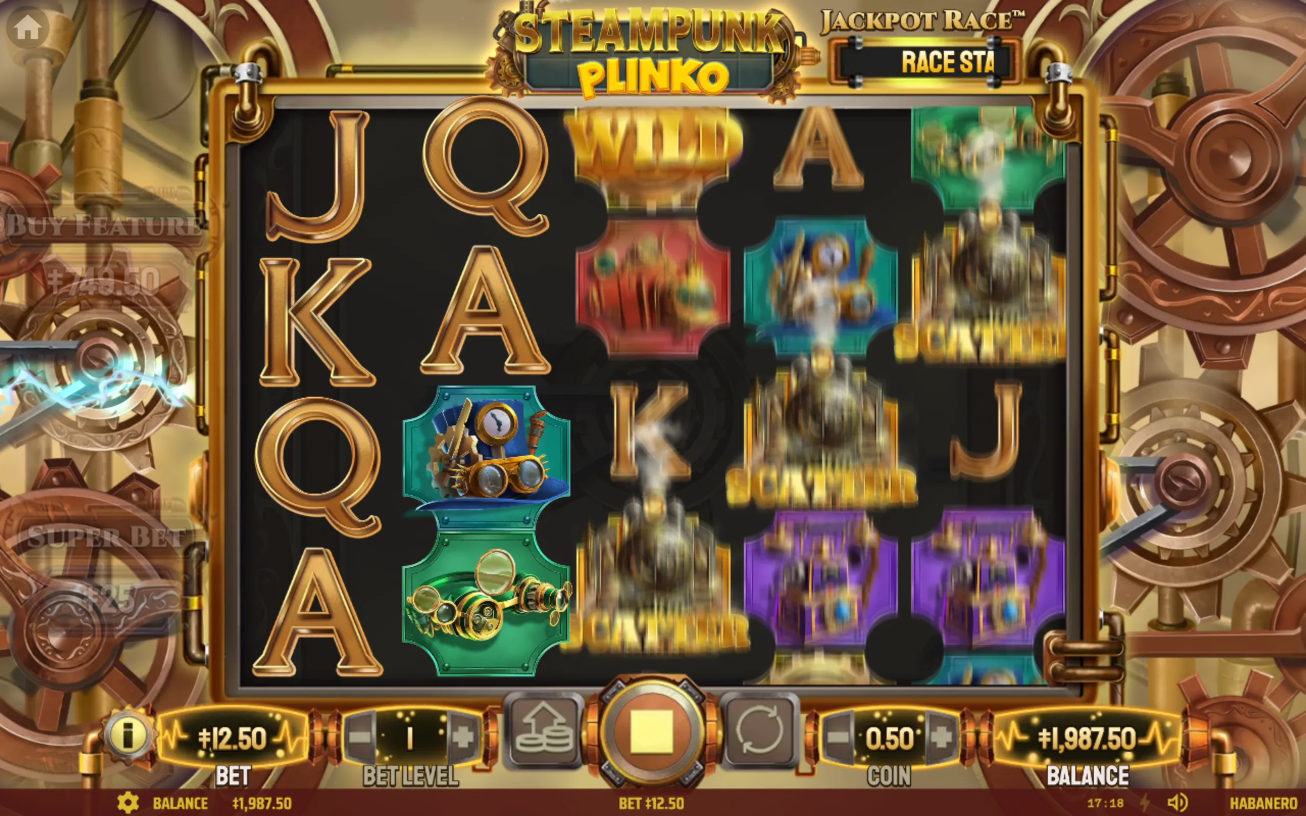 Steampunk Plinko slot interface with spinning reels, gold letter symbols, colorful mechanical character icons, brass pipes, gears, and a Jackpot Race banner.