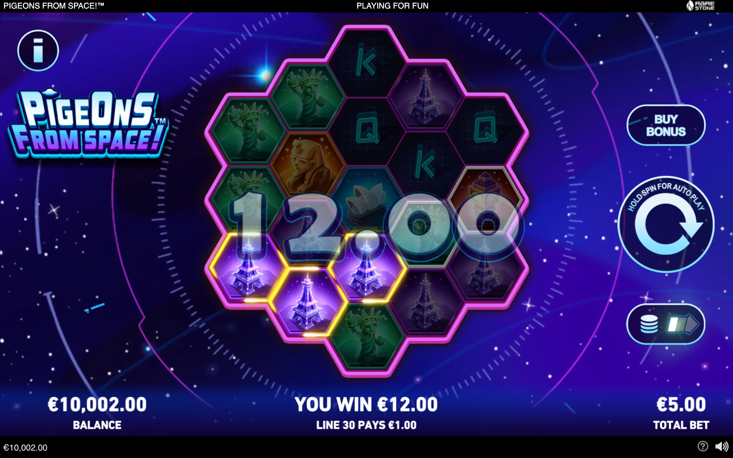 Pigeons From Space! slot interface with glowing hexagonal reels, space-themed symbols, landmark icons, and a visible €12 win against a starry purple backdrop.