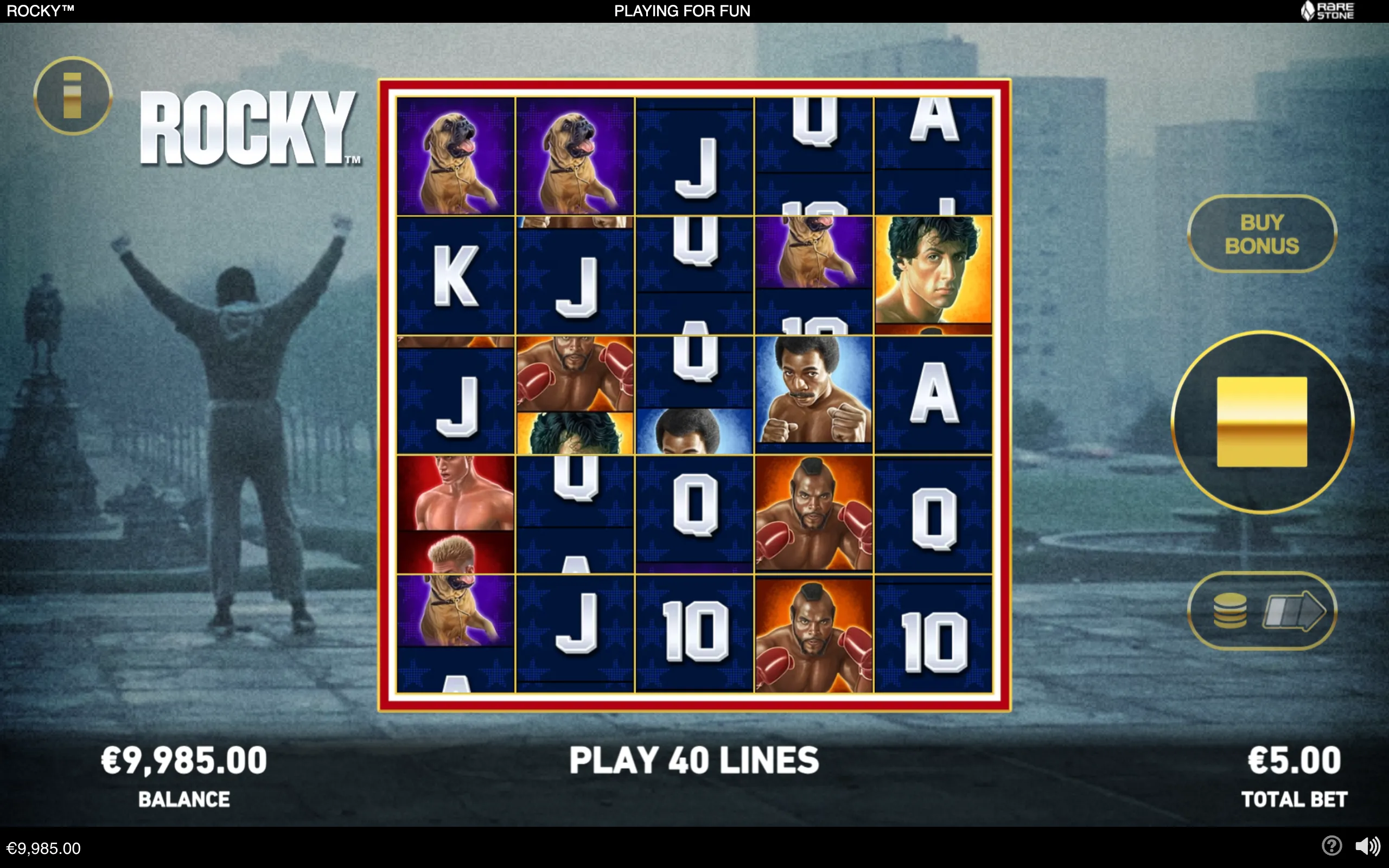 ROCKY slot preview featuring a five-reel layout with boxing characters, a loyal dog, playing-card symbols, and a Buy Bonus button against a boxing-themed backdrop.
