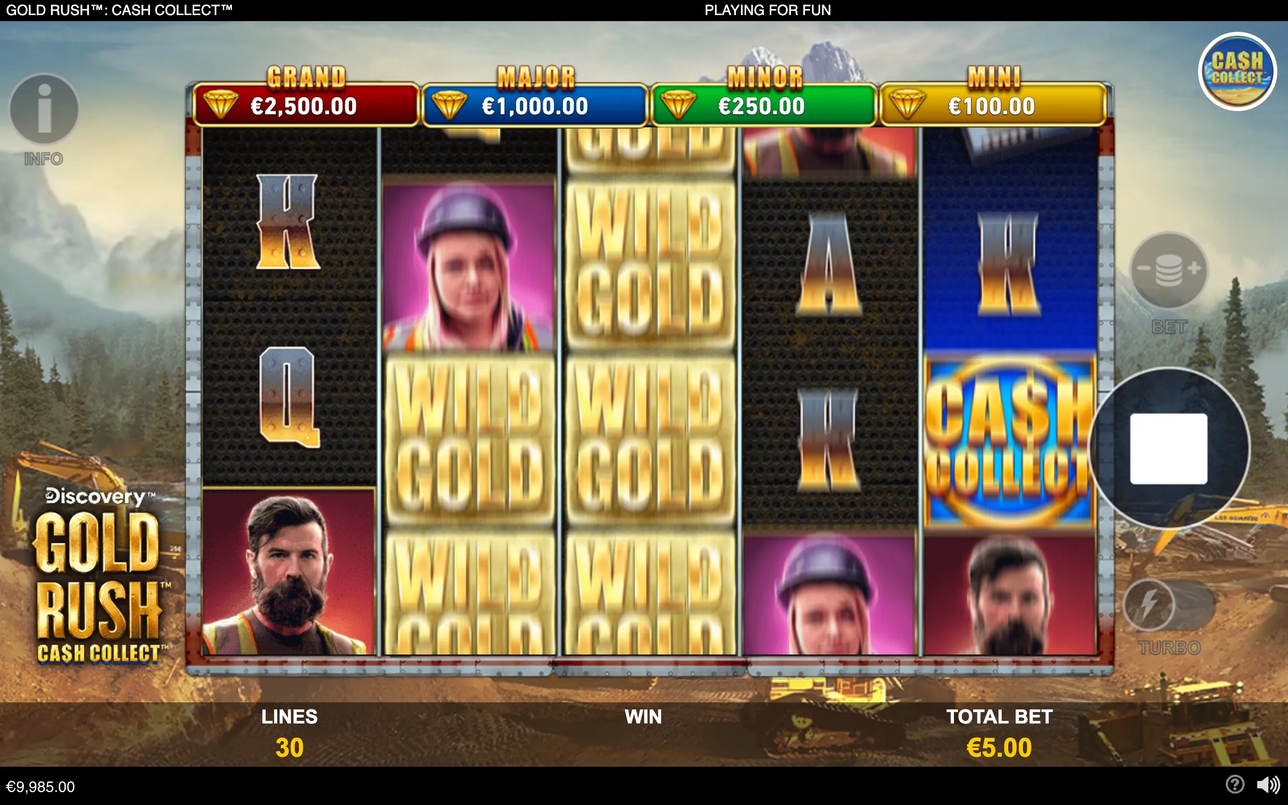 Gold Rush Cash Collect slot interface with gold mine workers, stacked Wild symbols, a Cash Collect logo, and Grand, Major, Minor, and Mini jackpot values over a mountainous mining landscape.