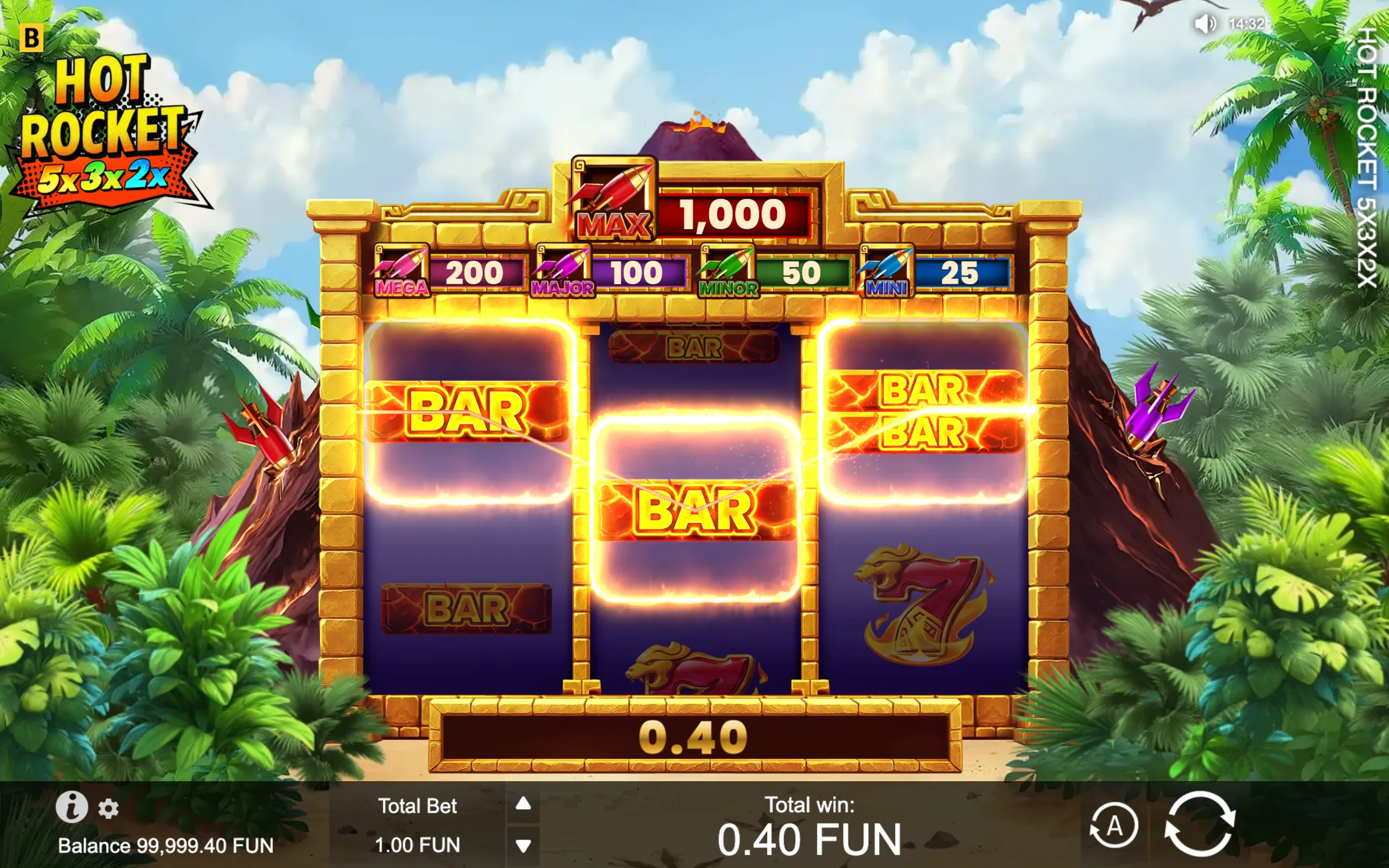 Hot Rocket 5x 3x 2x slot interface with glowing BAR symbols, rocket icons, jackpot values, and a tropical volcanic backdrop.